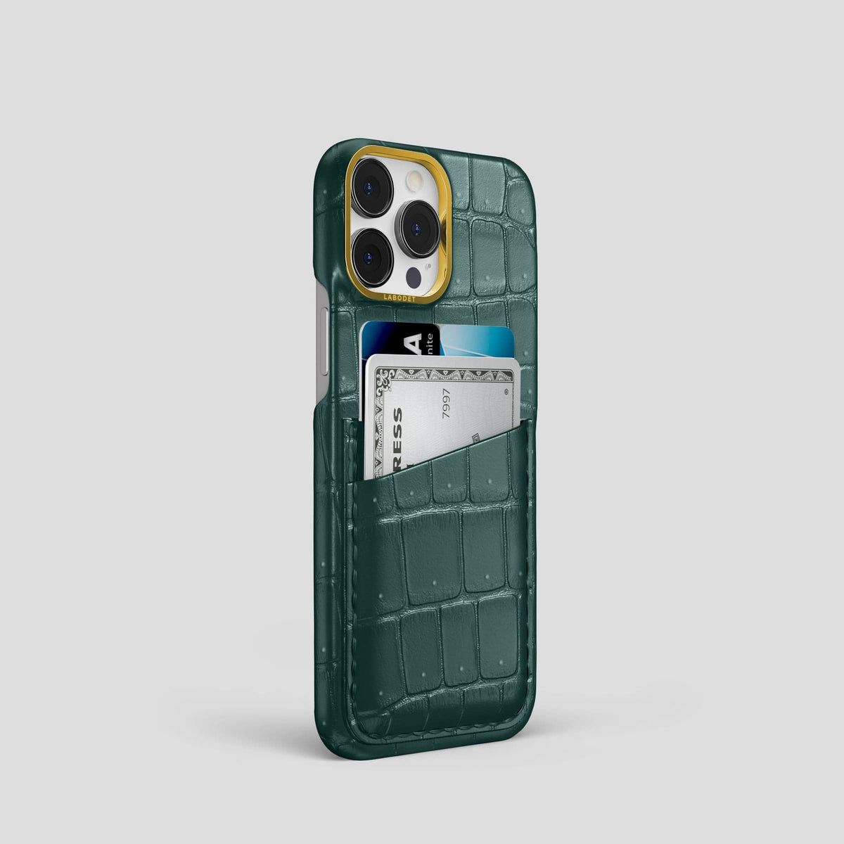 Dark-Forest iPhone 15 Pro Double Card Case Porosus Crocodile with Gold Metal -2 | Dark-Forest-Gold