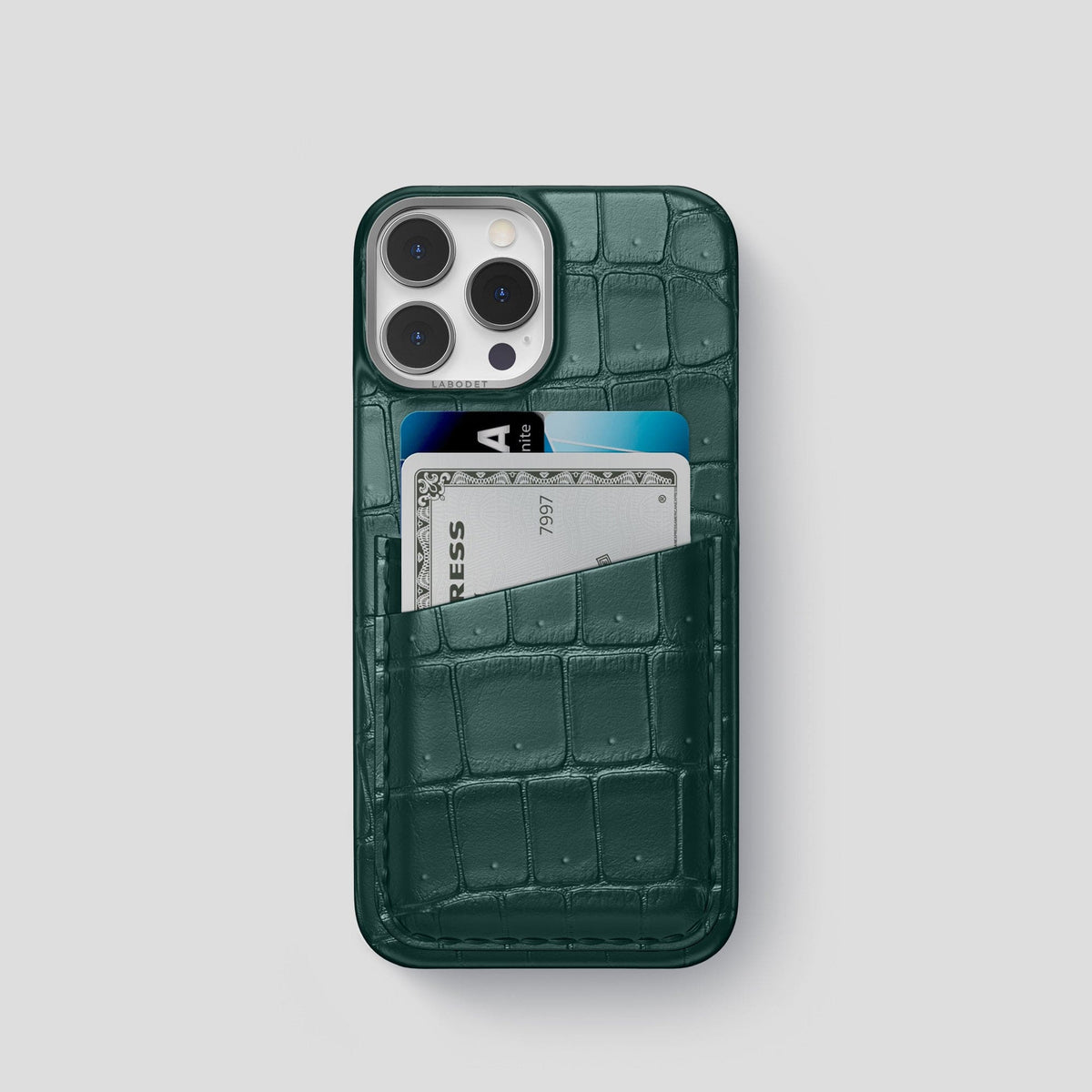 Dark-Forest iPhone 15 Pro Double Card Case Porosus Crocodile with Steel Metal -1 | Dark-Forest-Steel