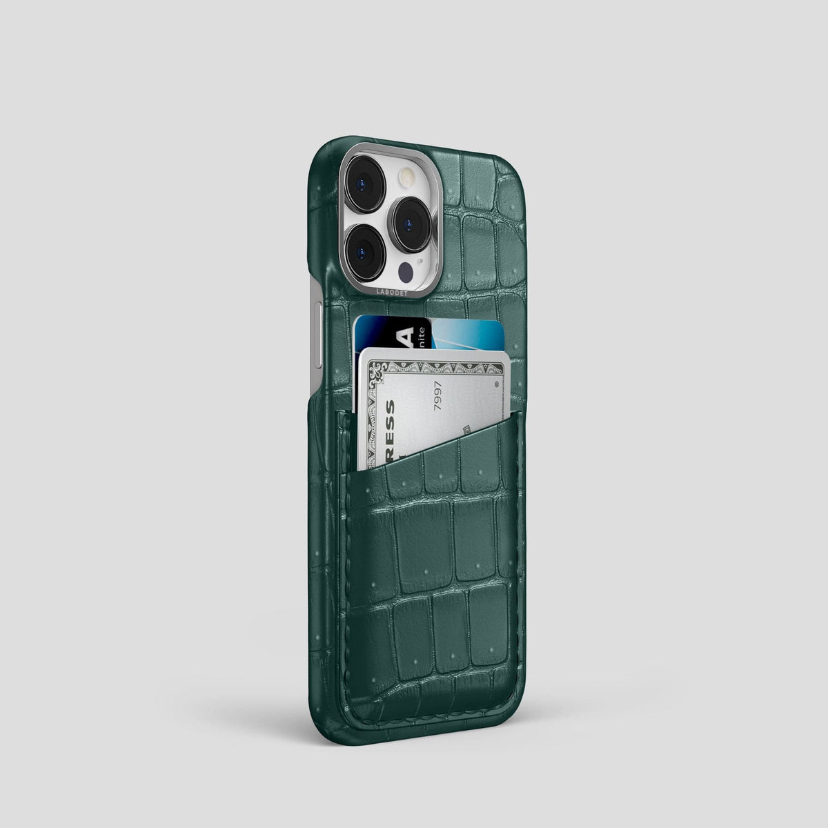 Dark-Forest iPhone 15 Pro Double Card Case Porosus Crocodile with Steel Metal -2 | Dark-Forest-Steel