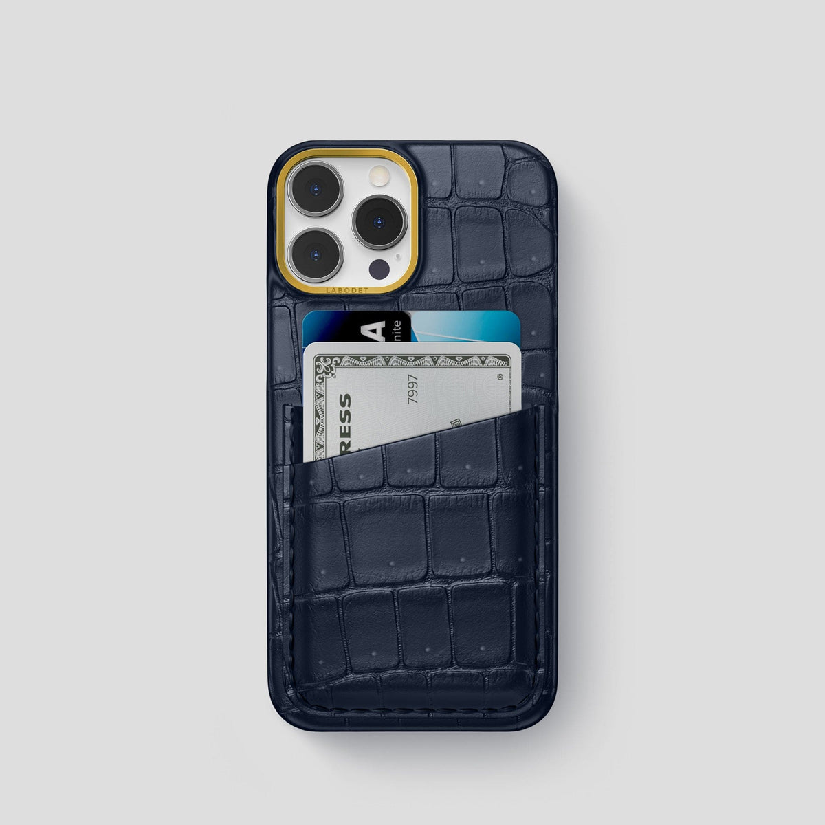 Deep Blue Sea iPhone 15 Pro Double Card Case Porosus Crocodile with Gold Metal -1 | Deep-Blue-Sea-Gold