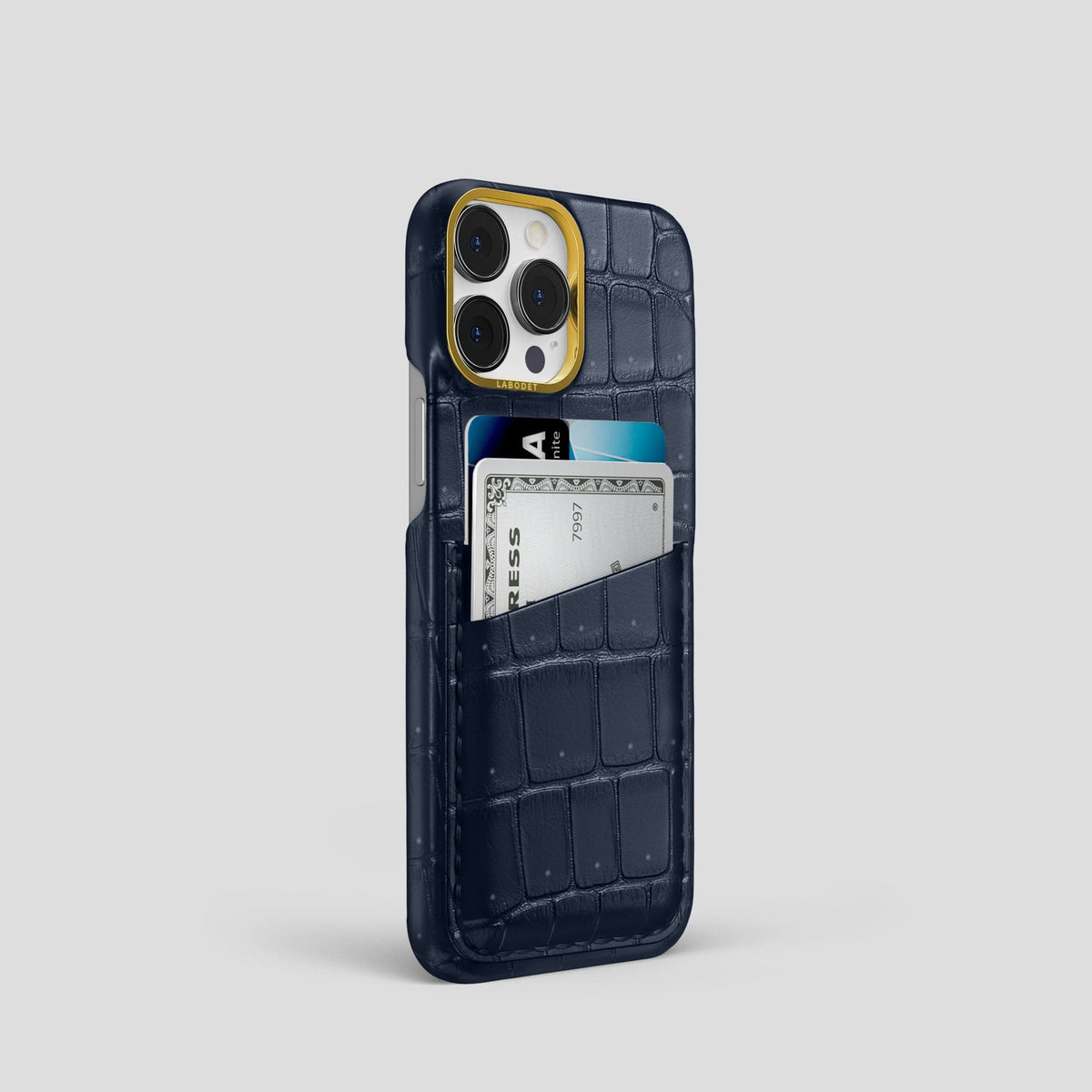 Deep Blue Sea iPhone 15 Pro Double Card Case Porosus Crocodile with Gold Metal -2 | Deep-Blue-Sea-Gold