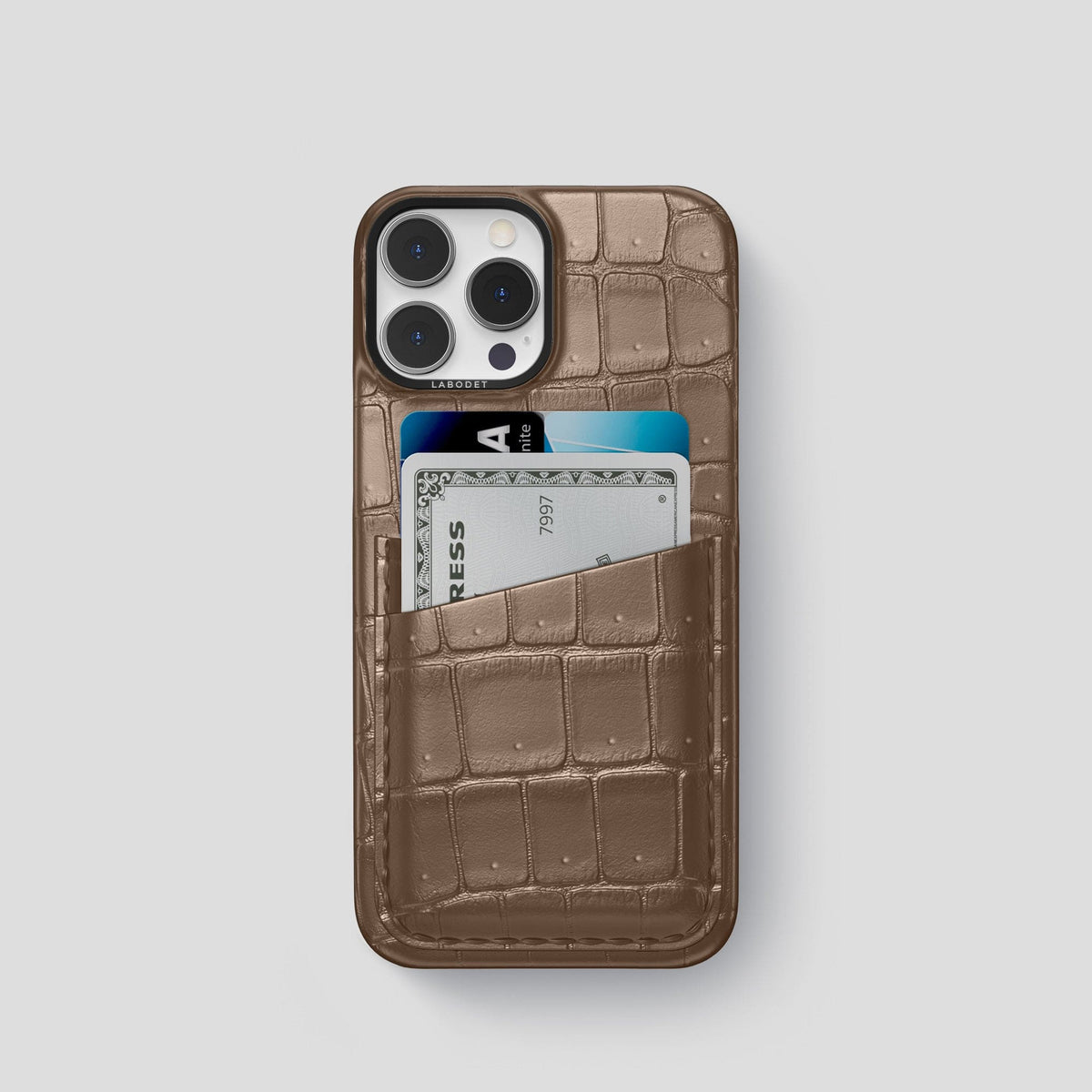 Fur-Brown iPhone 15 Pro Double Card Case Porosus Crocodile with Black Metal -1 | Fur-Brown-Black