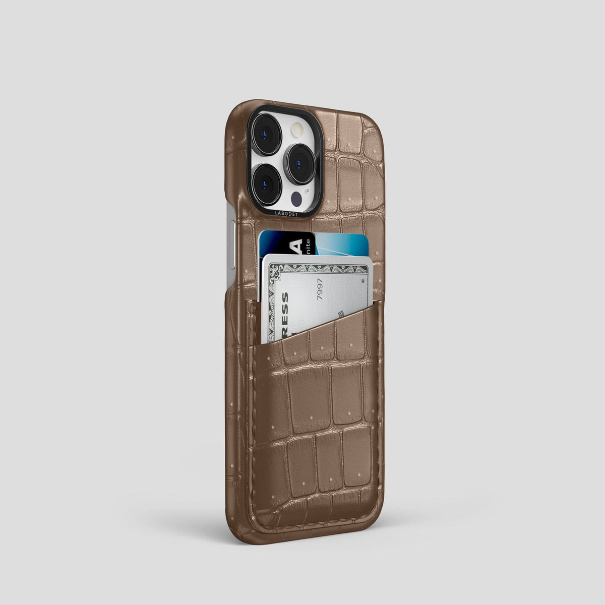Fur-Brown iPhone 15 Pro Double Card Case Porosus Crocodile with Black Metal -2 | Fur-Brown-Black