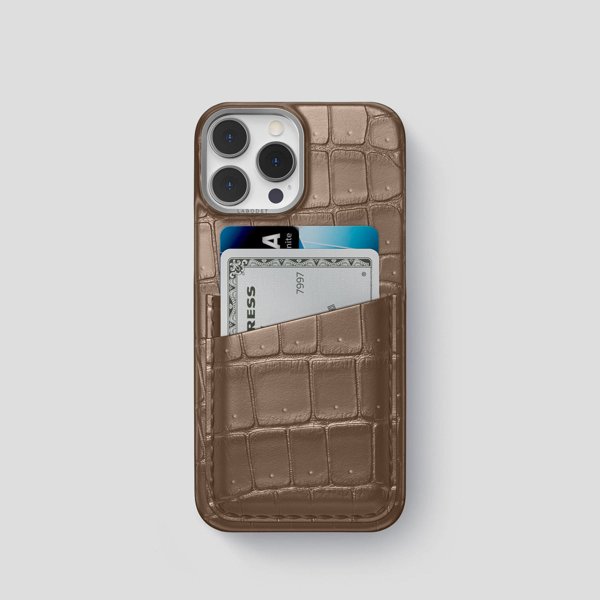 Fur-Brown iPhone 15 Pro Double Card Case Porosus Crocodile with Steel Metal -1 | Fur-Brown-Steel