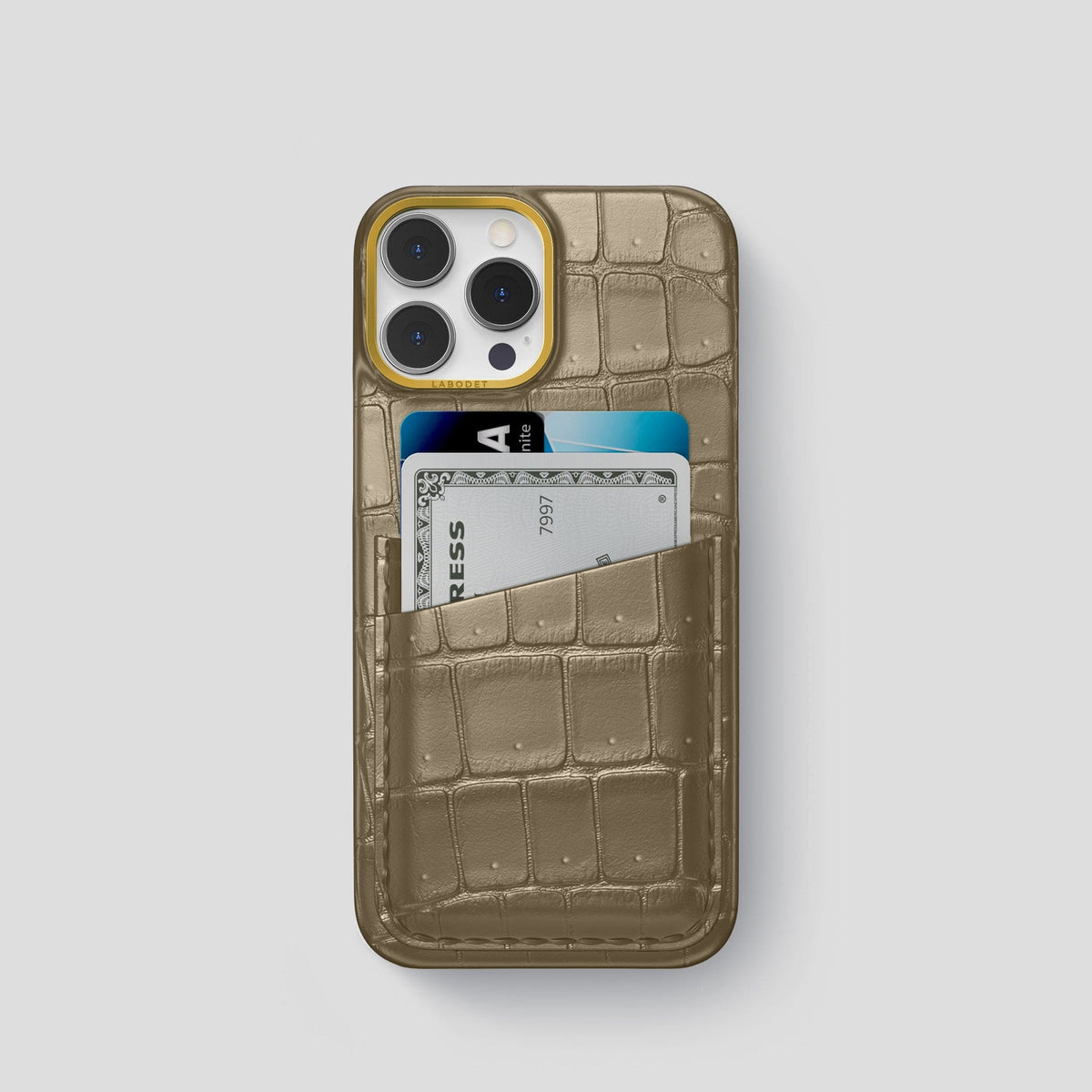 Kaki-Green iPhone 15 Pro Double Card Case Porosus Crocodile with Gold Metal -1 | Kaki-Green-Gold