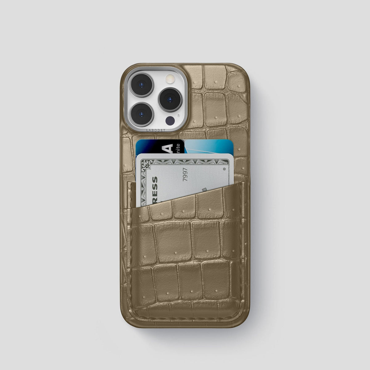 Kaki-Green iPhone 15 Pro Double Card Case Porosus Crocodile with Steel Metal -1 | Kaki-Green-Steel
