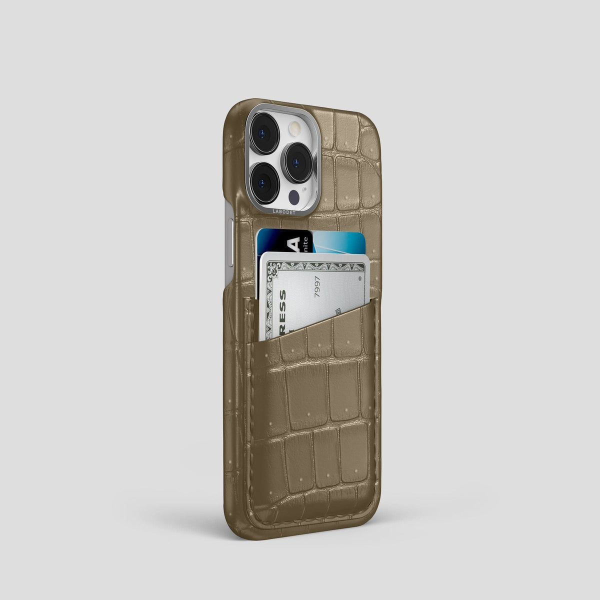 Kaki-Green iPhone 15 Pro Double Card Case Porosus Crocodile with Steel Metal -2 | Kaki-Green-Steel