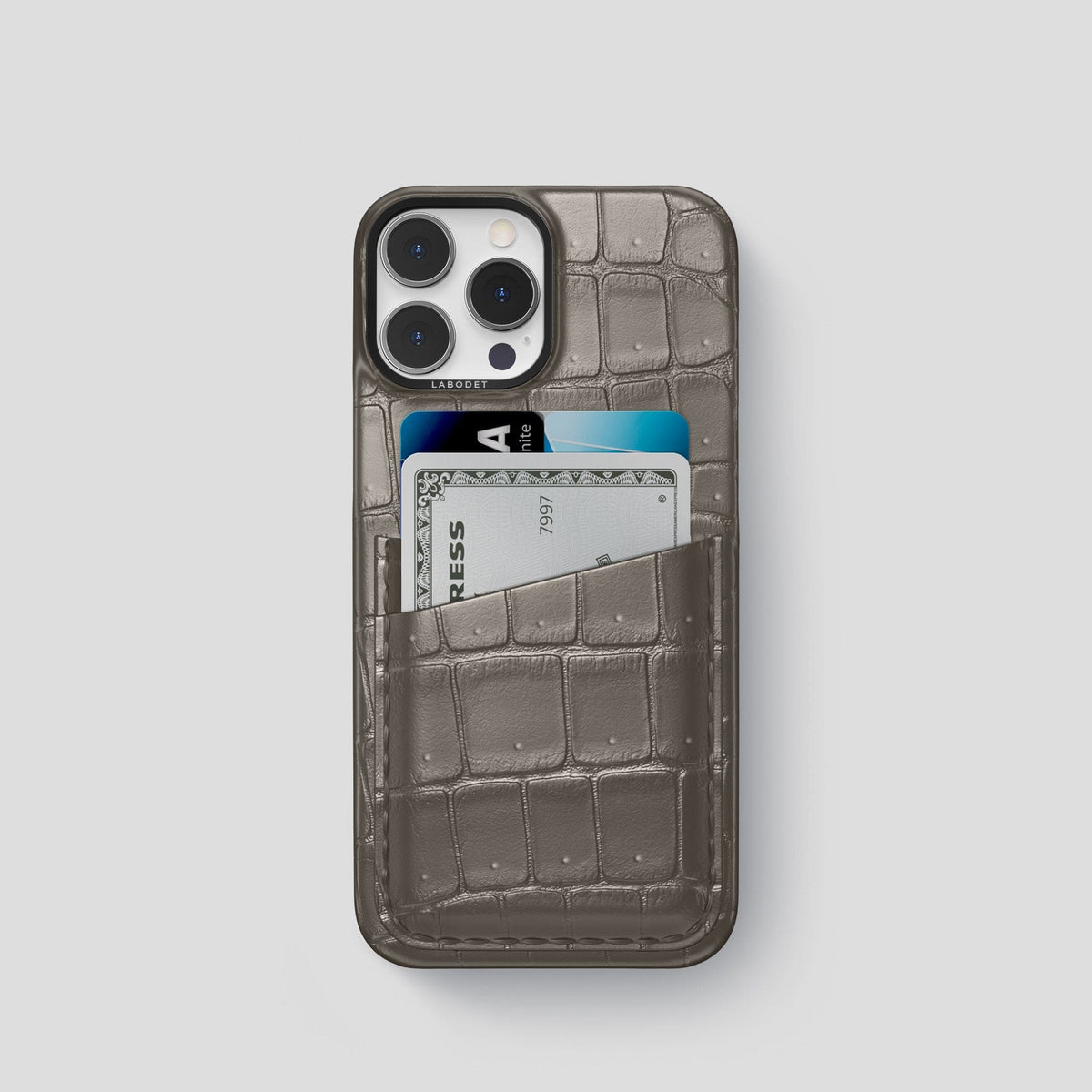 Lava-Stone iPhone 15 Pro Double Card Case Porosus Crocodile with Black Metal -1 | Lava-Stone-Black