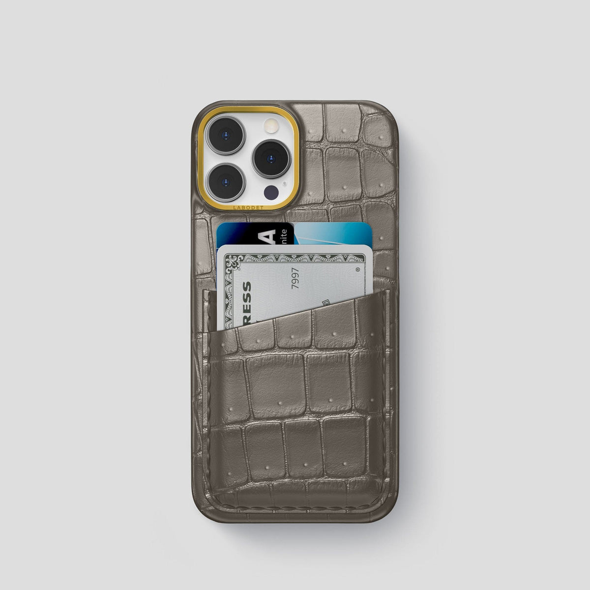 Lava-Stone iPhone 15 Pro Double Card Case Porosus Crocodile with Gold Metal -1 | Lava-Stone-Gold