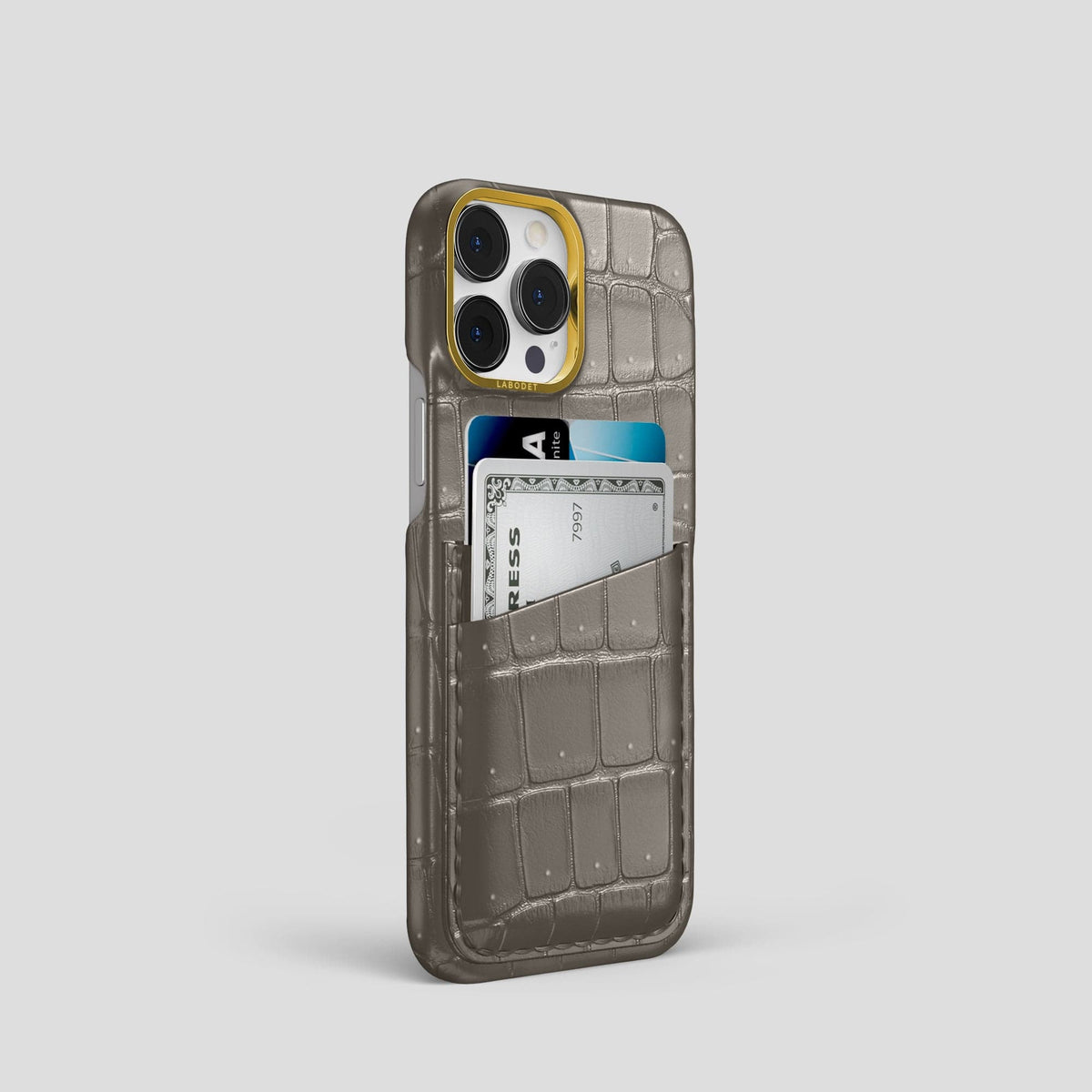 Lava-Stone iPhone 15 Pro Double Card Case Porosus Crocodile with Gold Metal -2 | Lava-Stone-Gold