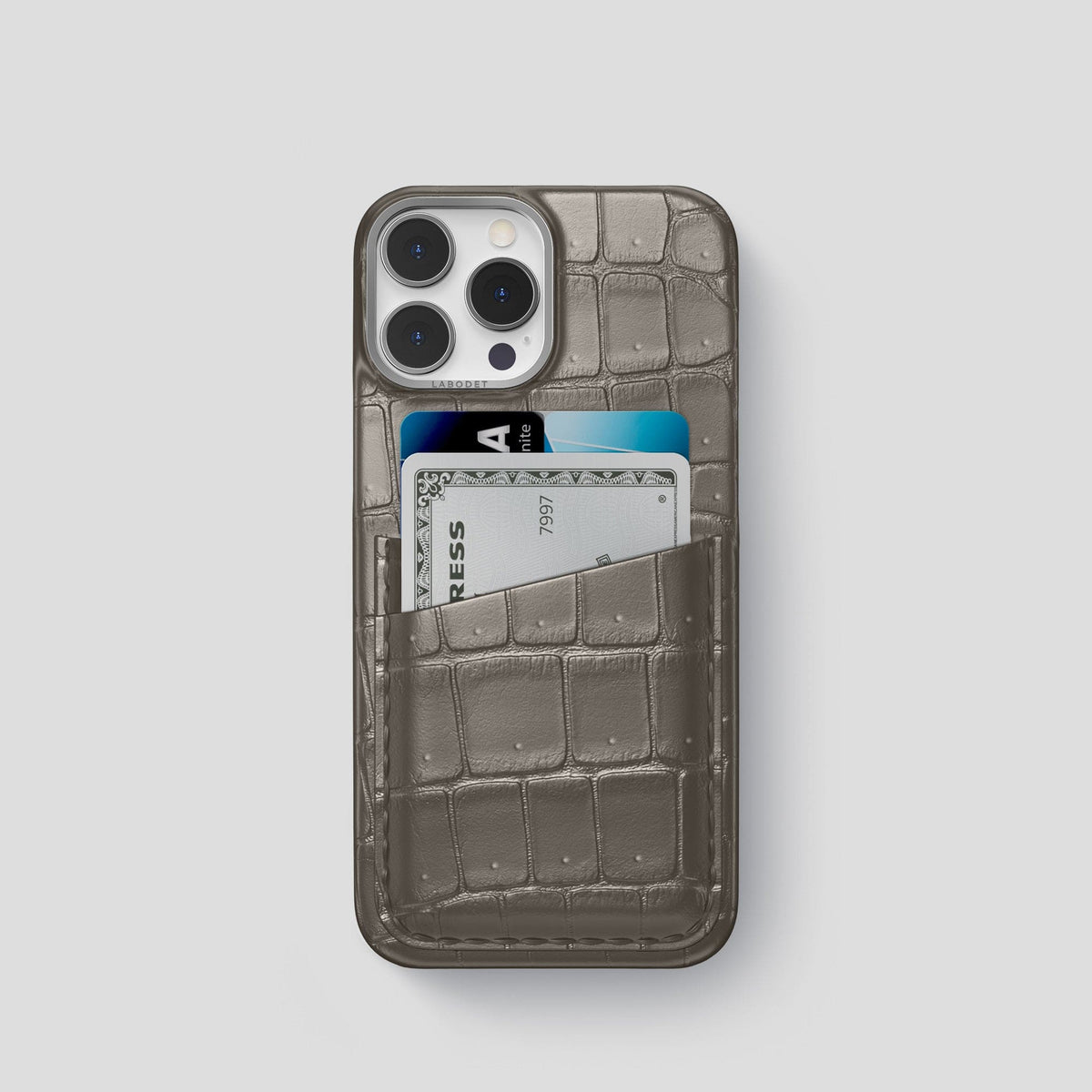 Lava-Stone iPhone 15 Pro Double Card Case Porosus Crocodile with Steel Metal -1 | Lava-Stone-Steel