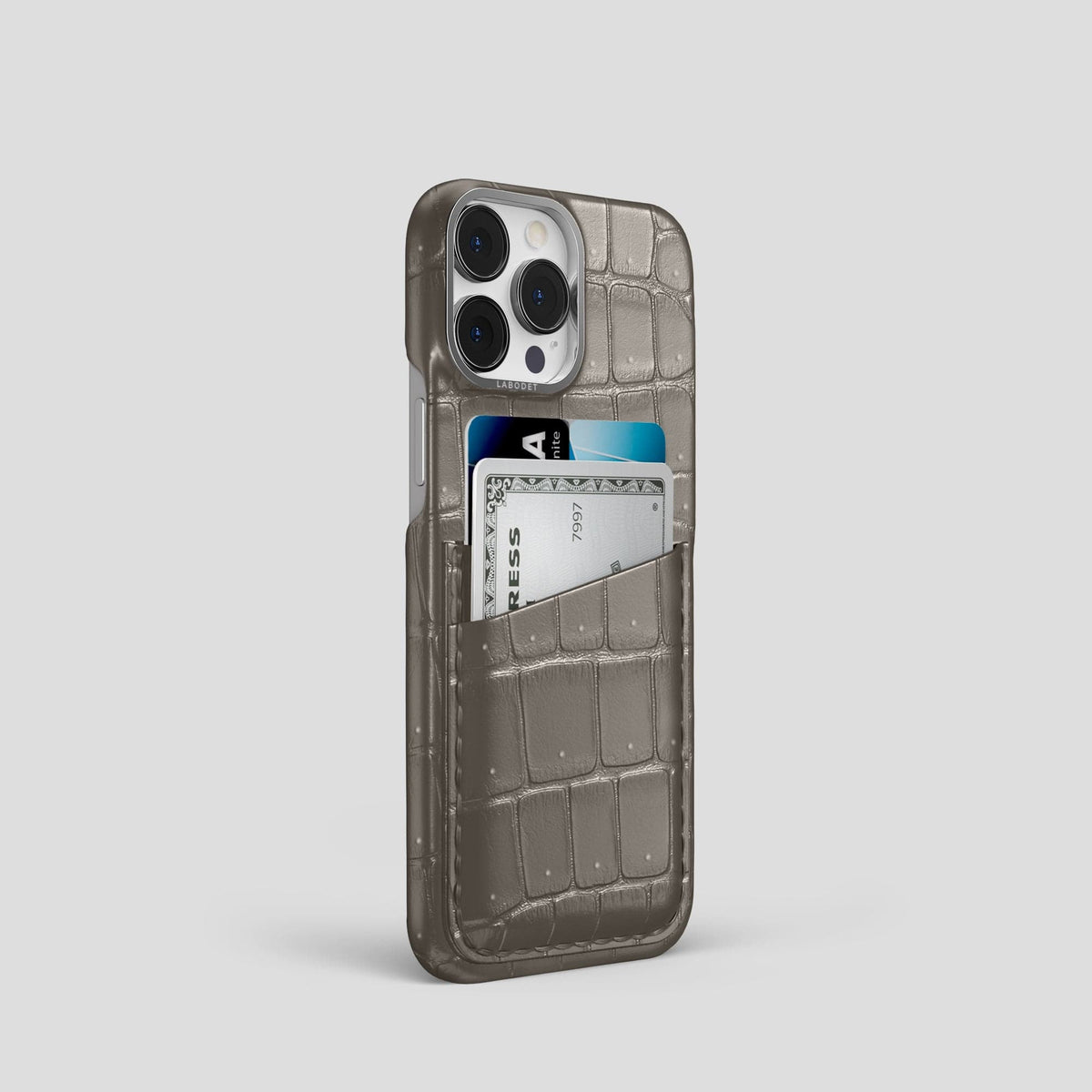 Lava-Stone iPhone 15 Pro Double Card Case Porosus Crocodile with Steel Metal -2 | Lava-Stone-Steel