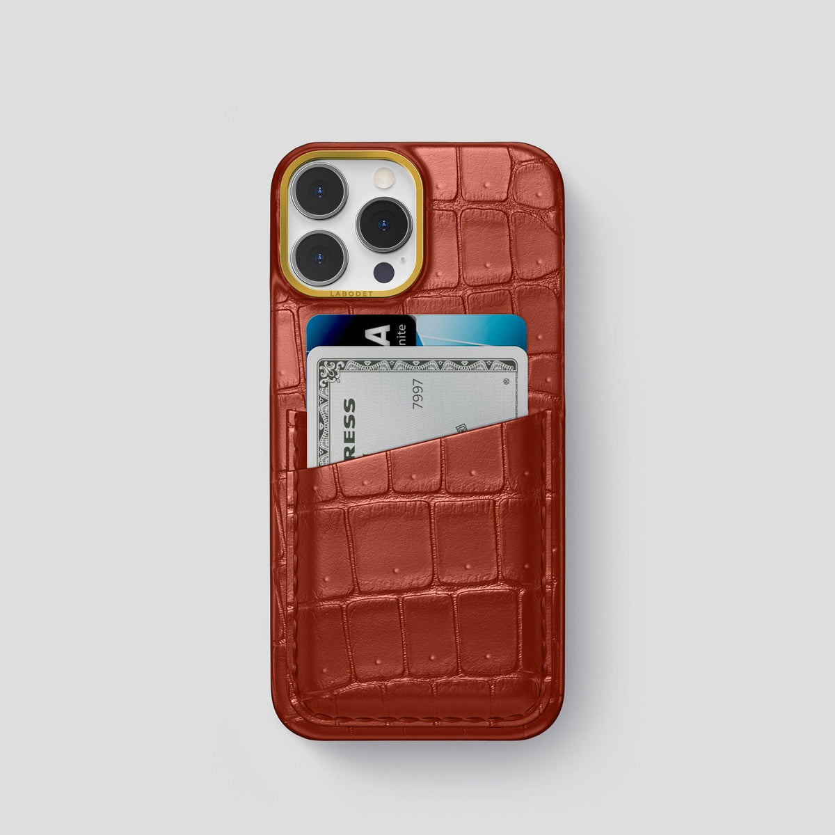 Mahogany-Brown iPhone 15 Pro Double Card Case Porosus Crocodile with Gold Metal -1 | Mahogany-Brown-Gold