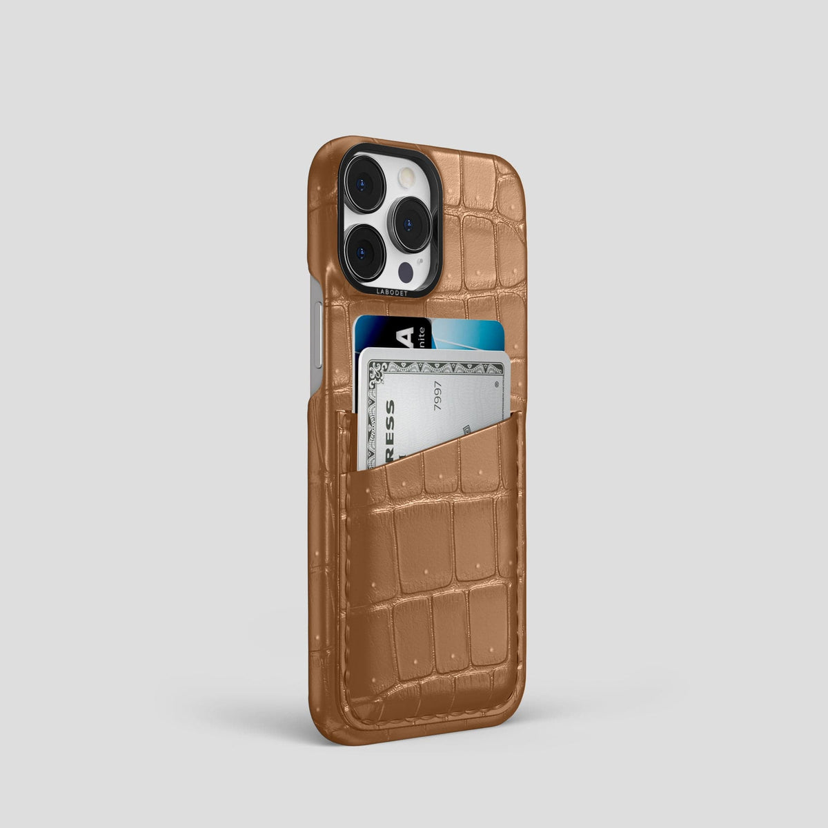 Milk-Chocolate iPhone 15 Pro Double Card Case Porosus Crocodile with Black Metal -2 | Milk-Chocolate-Black