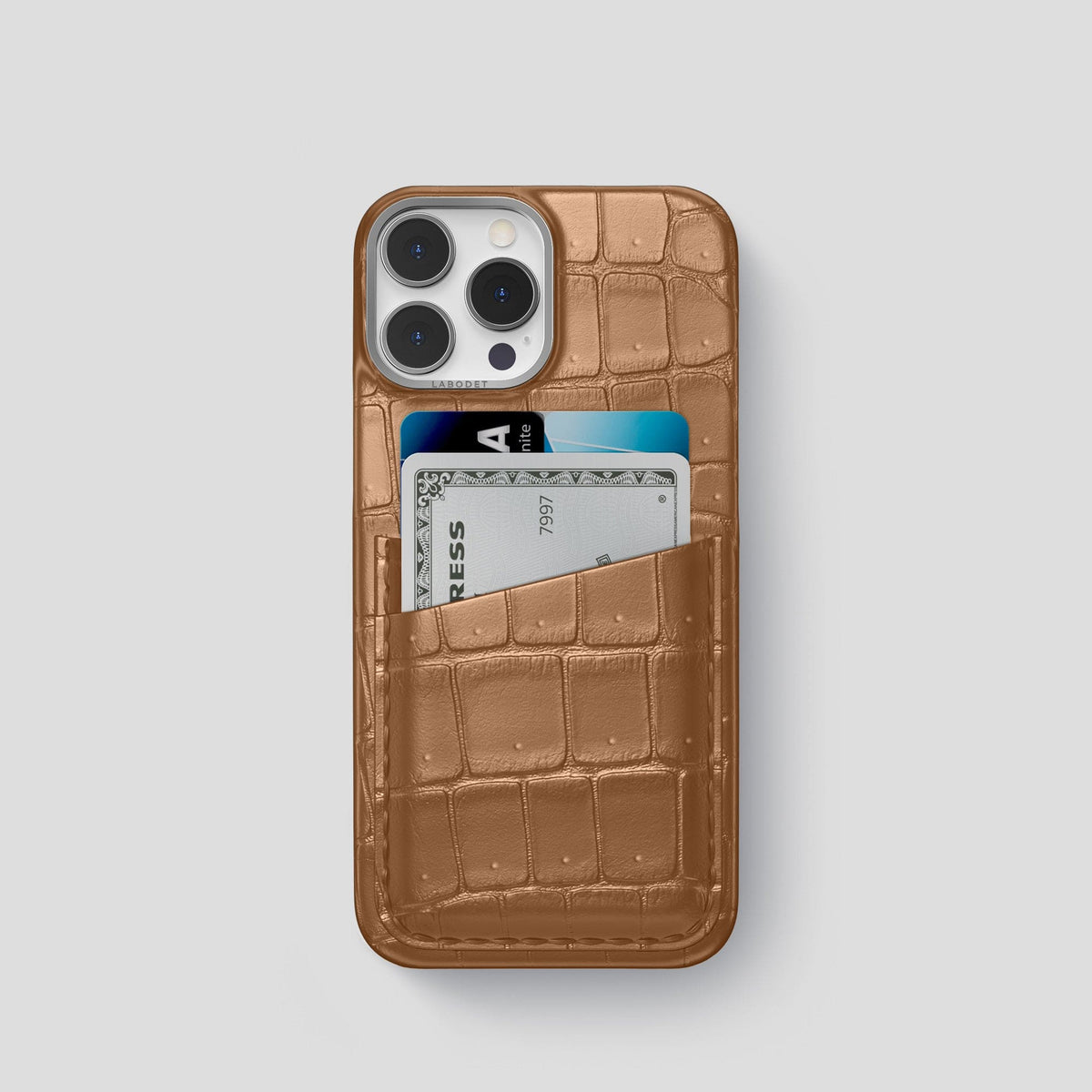 Milk-Chocolate iPhone 15 Pro Double Card Case Porosus Crocodile with Steel Metal -1 | Milk-Chocolate-Steel