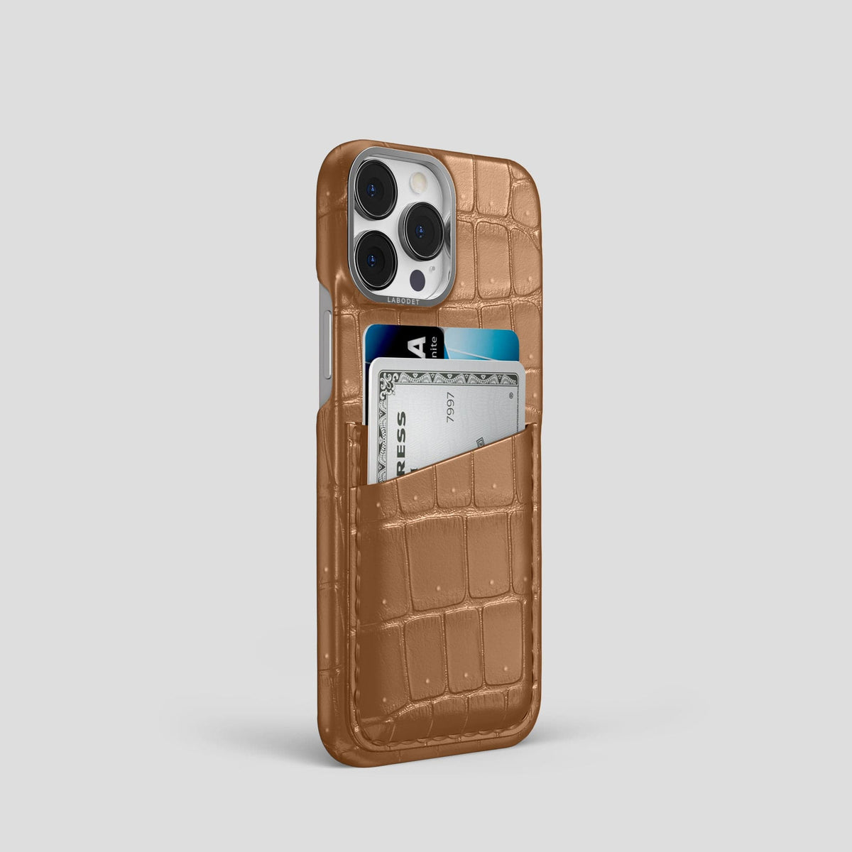 Milk-Chocolate iPhone 15 Pro Double Card Case Porosus Crocodile with Steel Metal -2 | Milk-Chocolate-Steel