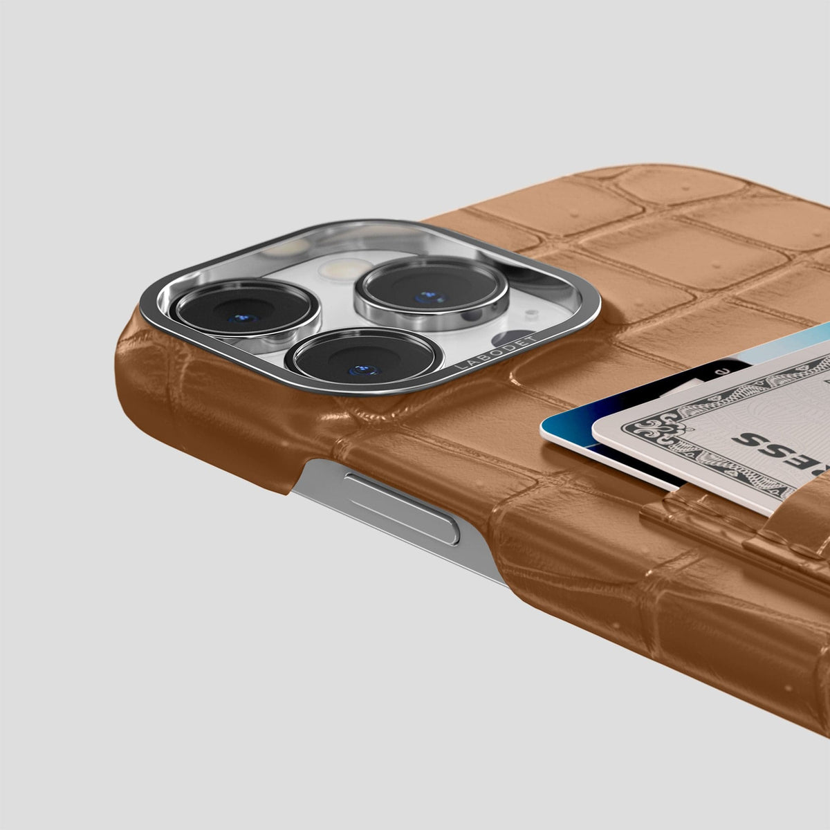 Milk-Chocolate iPhone 15 Pro Double Card Case Porosus Crocodile with Steel Metal -5 | Milk-Chocolate-Steel