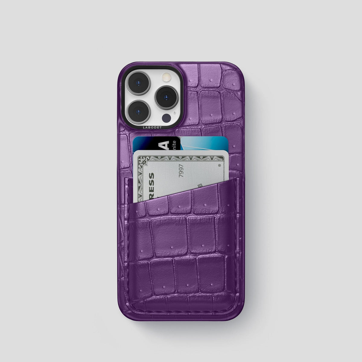Purple iPhone 15 Pro Double Card Case Porosus Crocodile with Black Metal -1 | Purple-Black