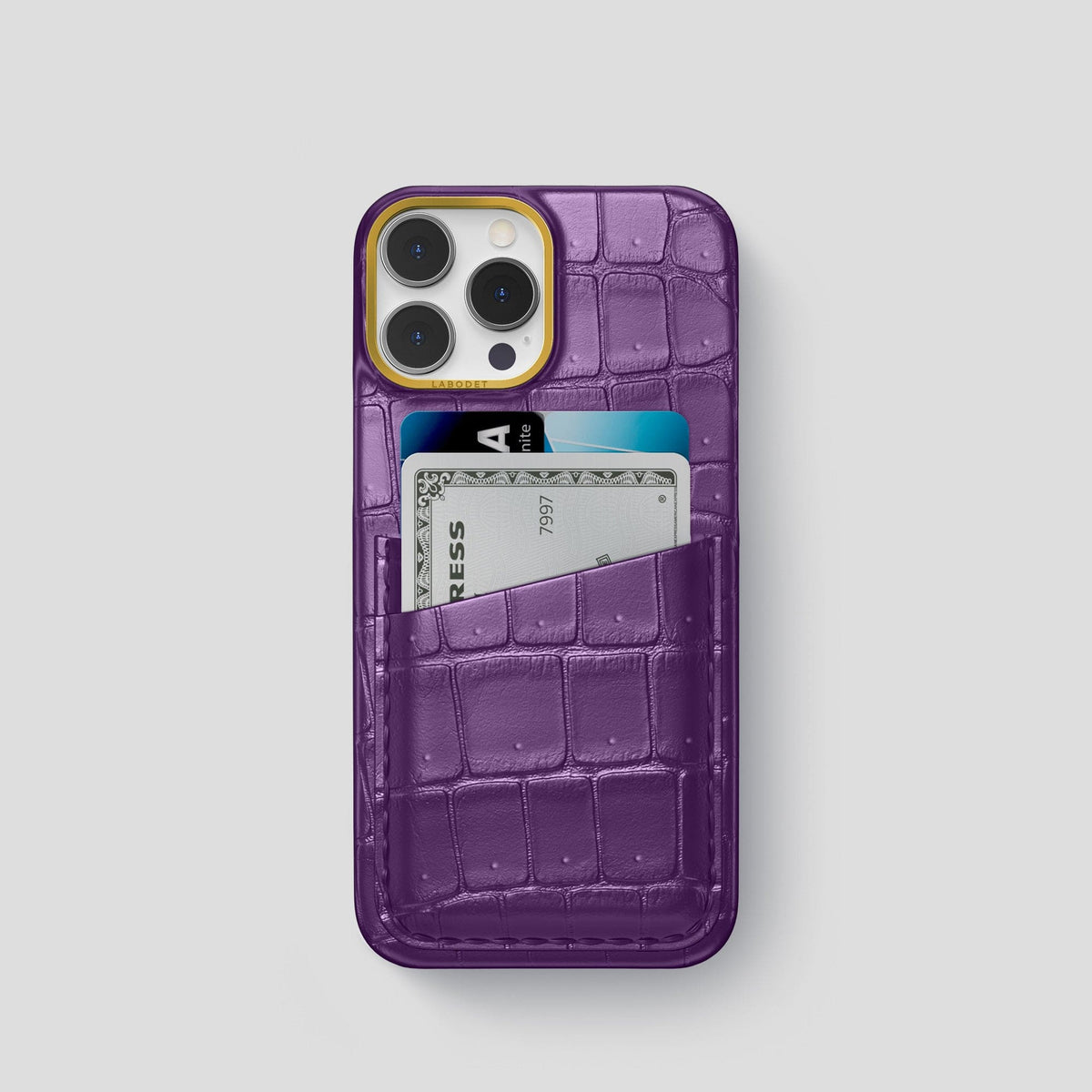 Purple iPhone 15 Pro Double Card Case Porosus Crocodile with Gold Metal -1 | Purple-Gold
