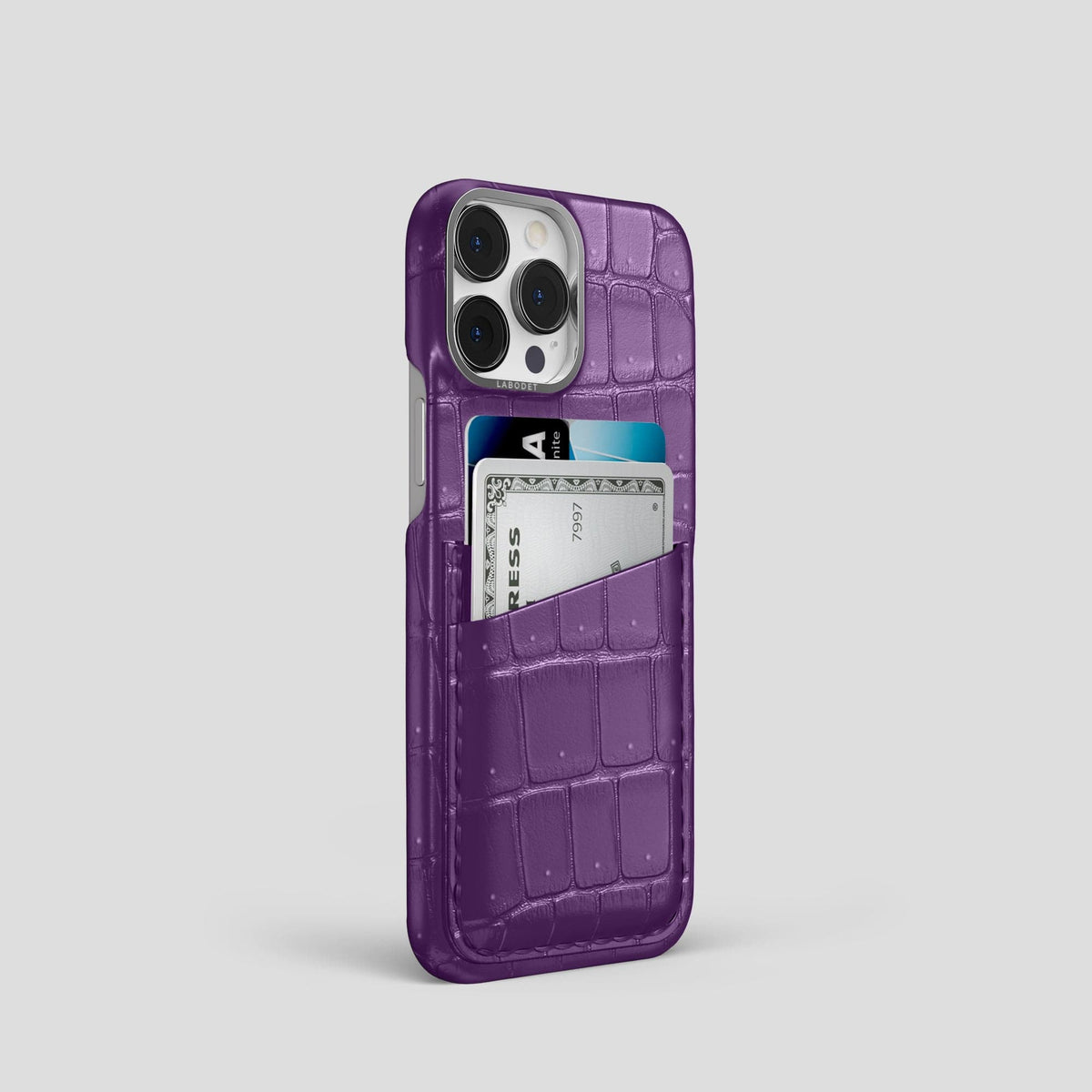 Purple iPhone 15 Pro Double Card Case Porosus Crocodile with Steel Metal -2 | Purple-Steel