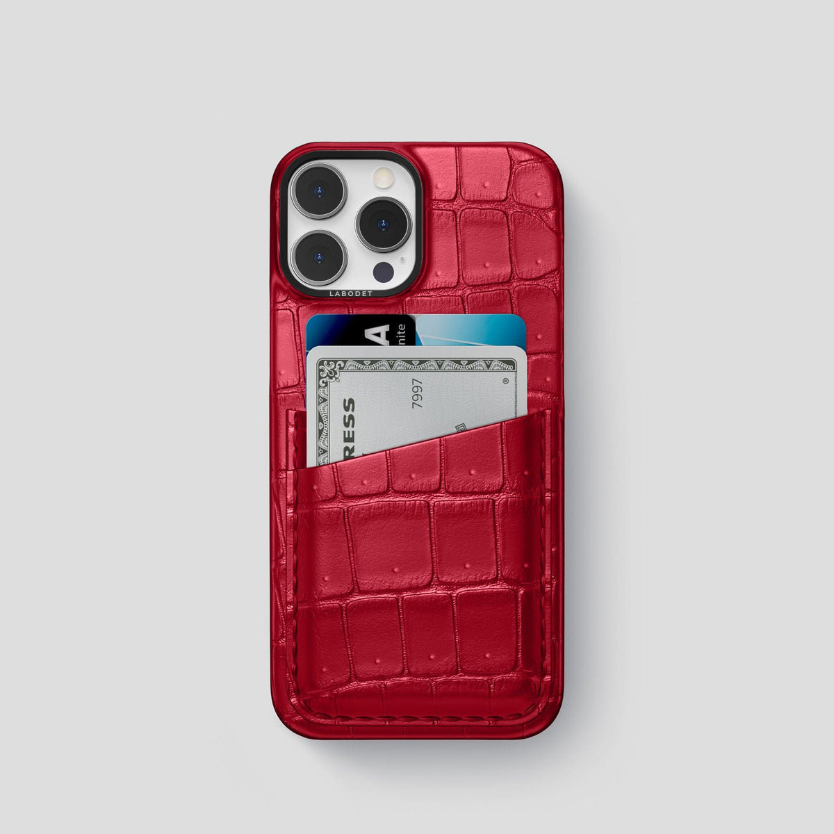 Burgundy iPhone 15 Pro Double Card Case Porosus Crocodile with Black Metal -1 | Burgundy-Black