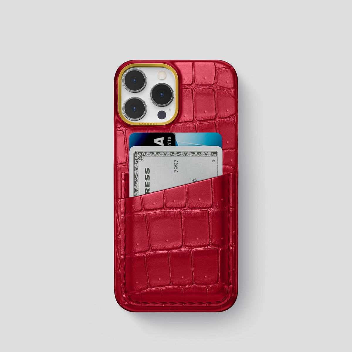 Burgundy iPhone 15 Pro Double Card Case Porosus Crocodile with Gold Metal -1 | Burgundy-Gold