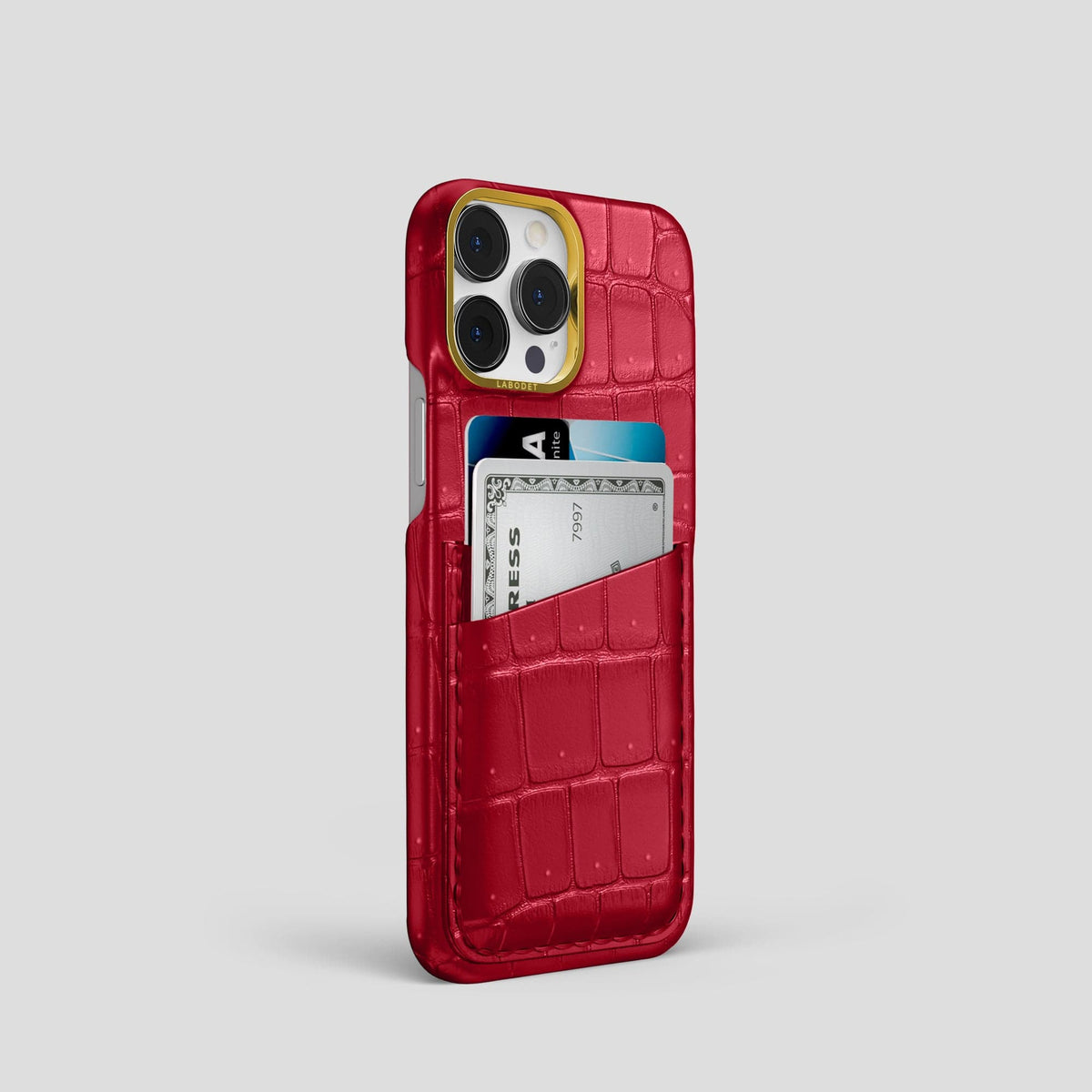 Burgundy iPhone 15 Pro Double Card Case Porosus Crocodile with Gold Metal -2 | Burgundy-Gold