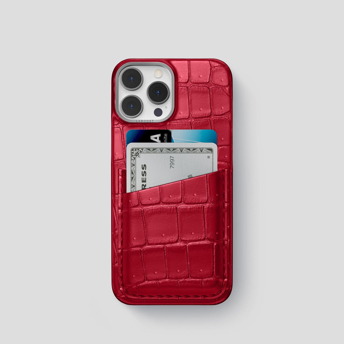 Burgundy iPhone 15 Pro Double Card Case Porosus Crocodile with Steel Metal -1 | Burgundy-Steel