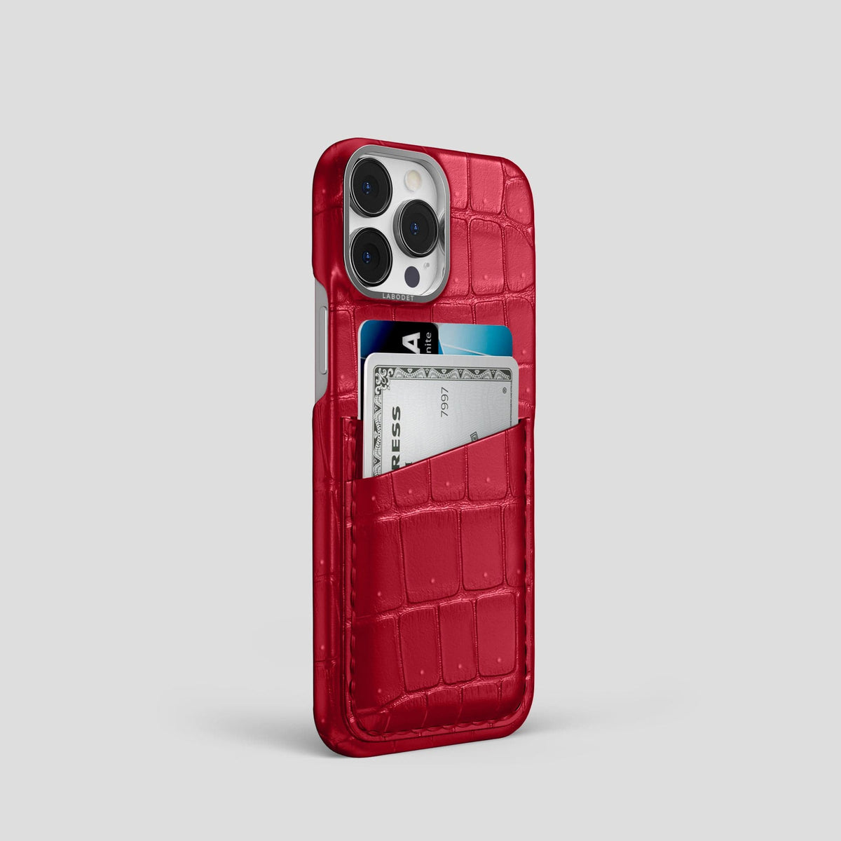 Burgundy iPhone 15 Pro Double Card Case Porosus Crocodile with Steel Metal -2 | Burgundy-Steel