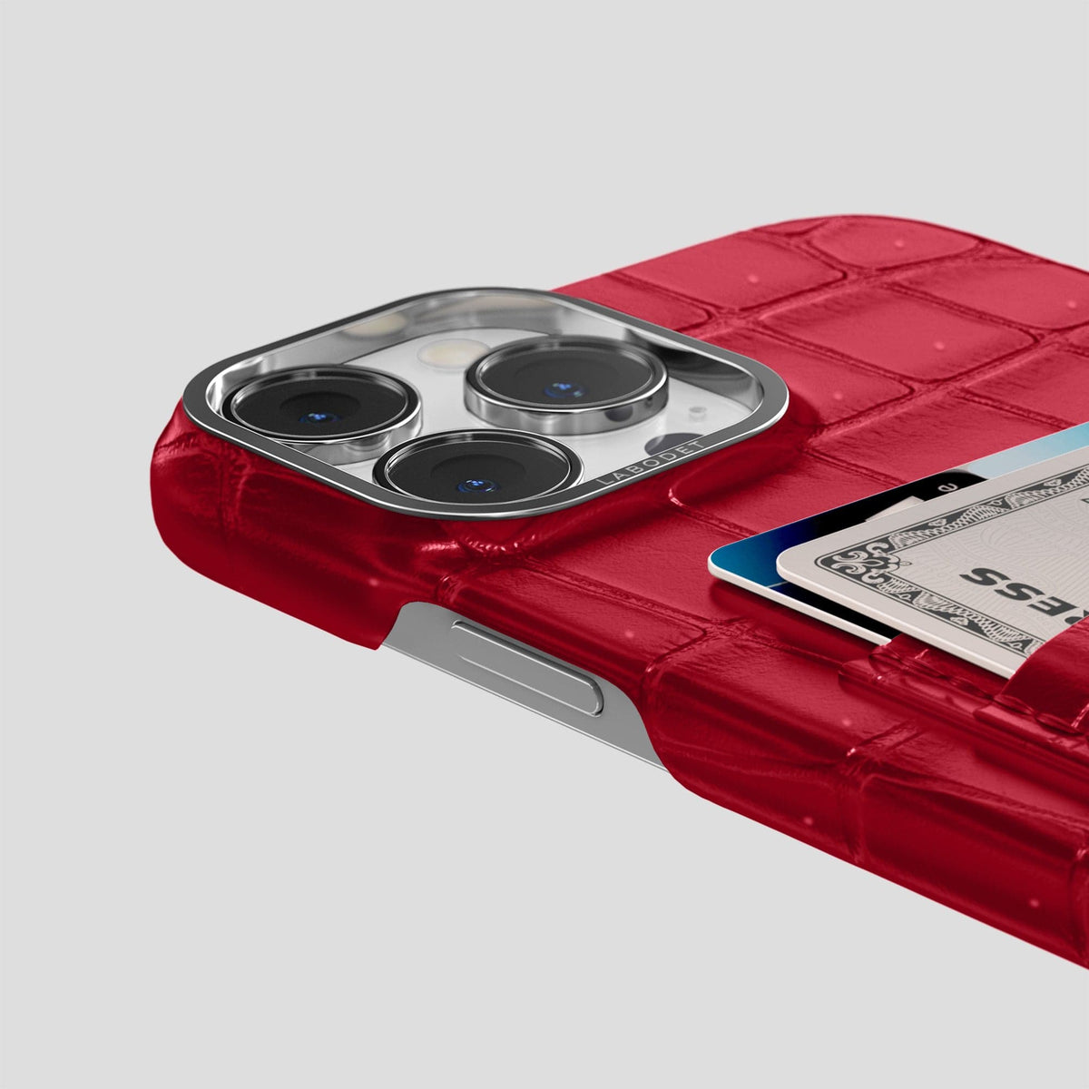 Burgundy iPhone 15 Pro Double Card Case Porosus Crocodile with Steel Metal -5 | Burgundy-Steel
