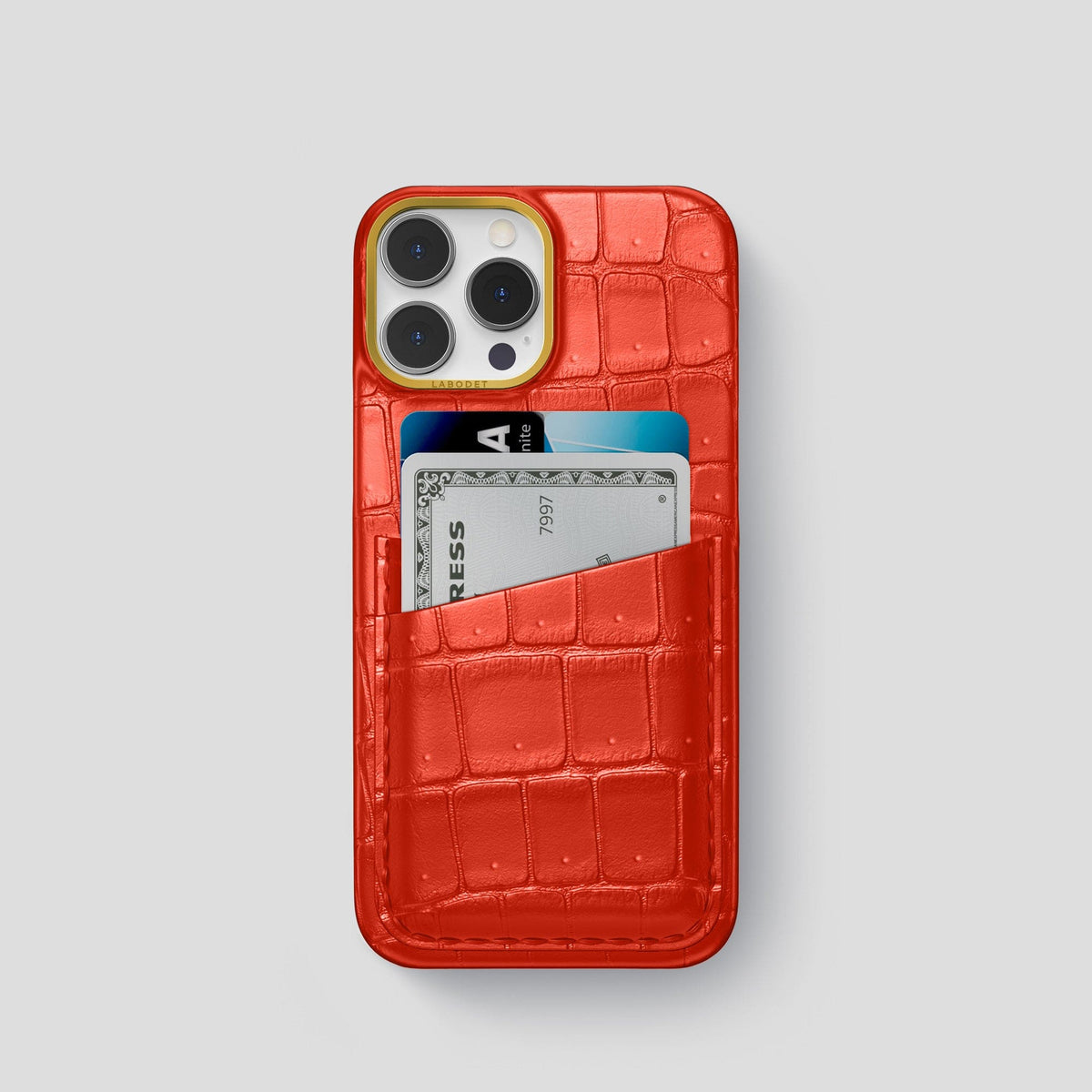 Rust iPhone 15 Pro Double Card Case Porosus Crocodile with Gold Metal -1 | Rust-Gold