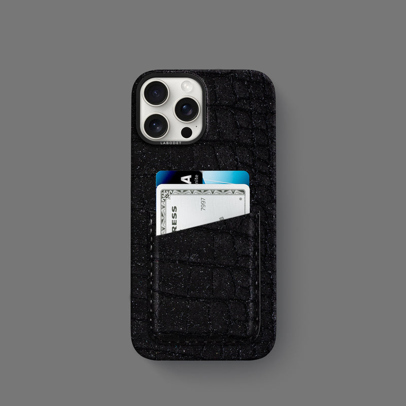 iPhone 16 Pro Double Card Case 1/1 Black-Water-Drop Alligator with Black Metal -1 | Black-Water-Drop-Black