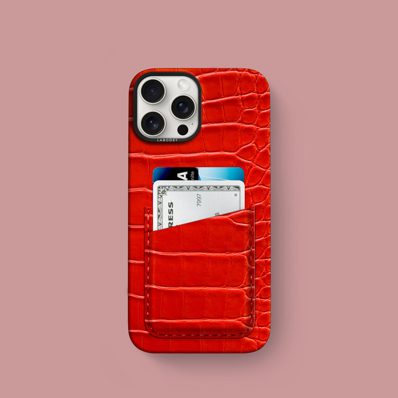 iPhone 16 Pro Double Card Case 1/1 Deep Coral Alligator with Black Metal -1 | Deep-Coral-Black