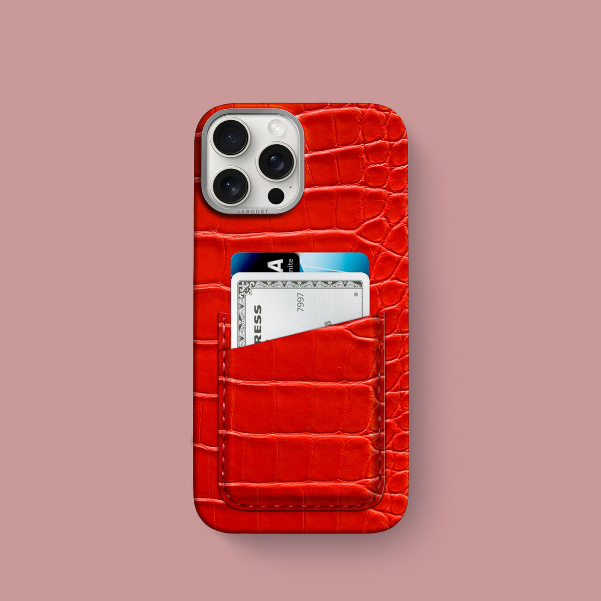 iPhone 16 Pro Double Card Case 1/1 Deep Coral Alligator with Steel Metal -1 | Deep-Coral-Steel