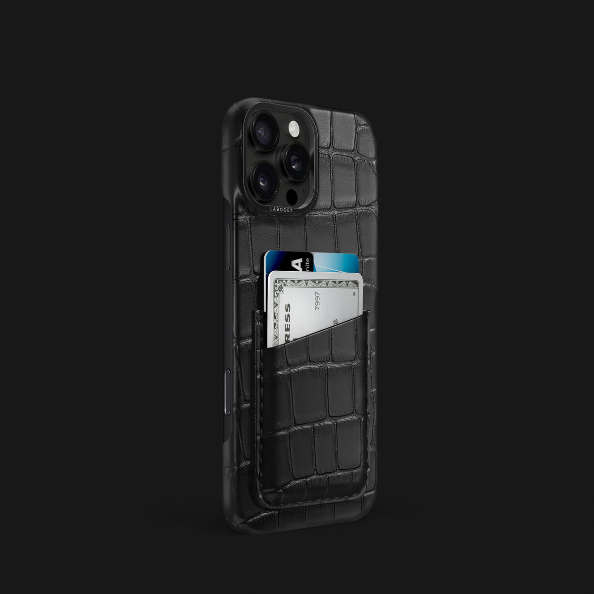 Edition-Black iPhone 16 Pro Double Card Case Alligator with Black Metal -2 | Edition-Black-Black