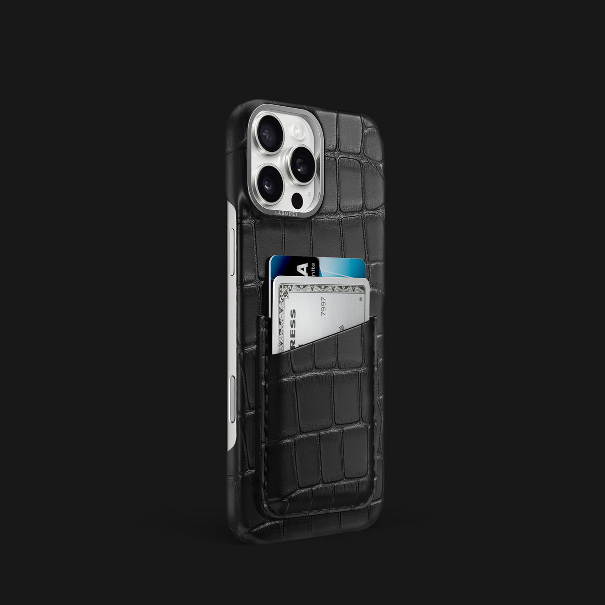 Edition-Black iPhone 16 Pro Double Card Case Alligator with Steel Metal -2 | Edition-Black-Steel