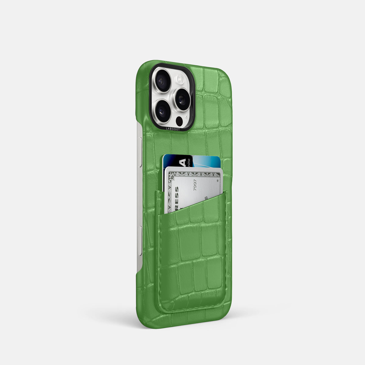 Apple-Green iPhone 16 Pro Card Case Alligator with Black Metal -2 | Apple-Green-Black