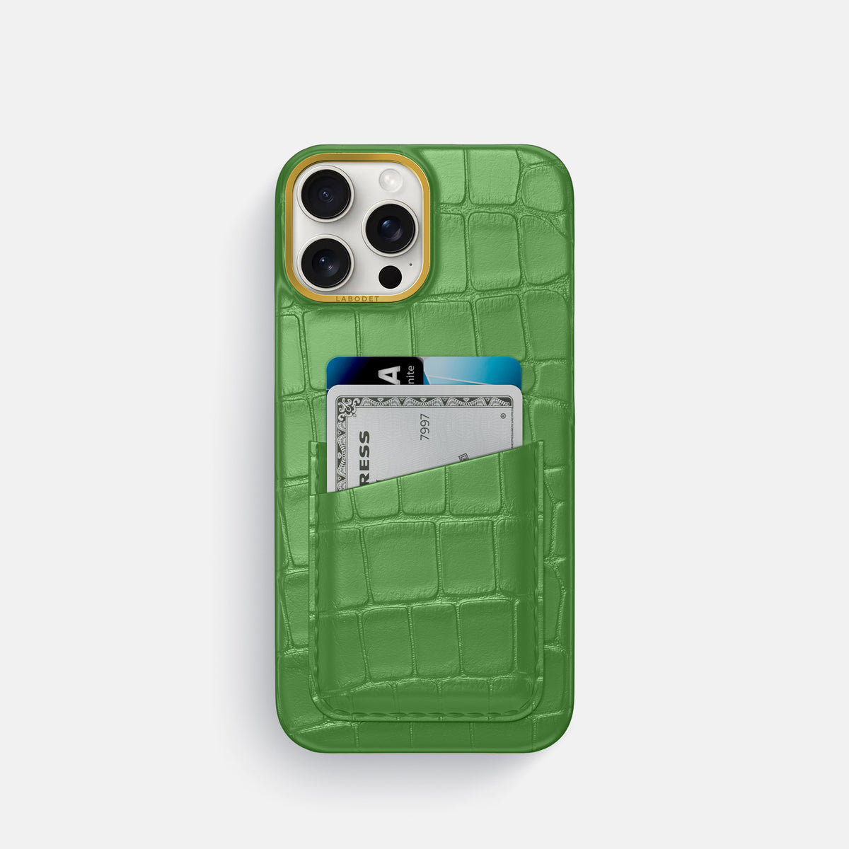 Apple-Green iPhone 16 Pro Double Card In Alligator with Gold Metal -1 | Apple-Green-Gold