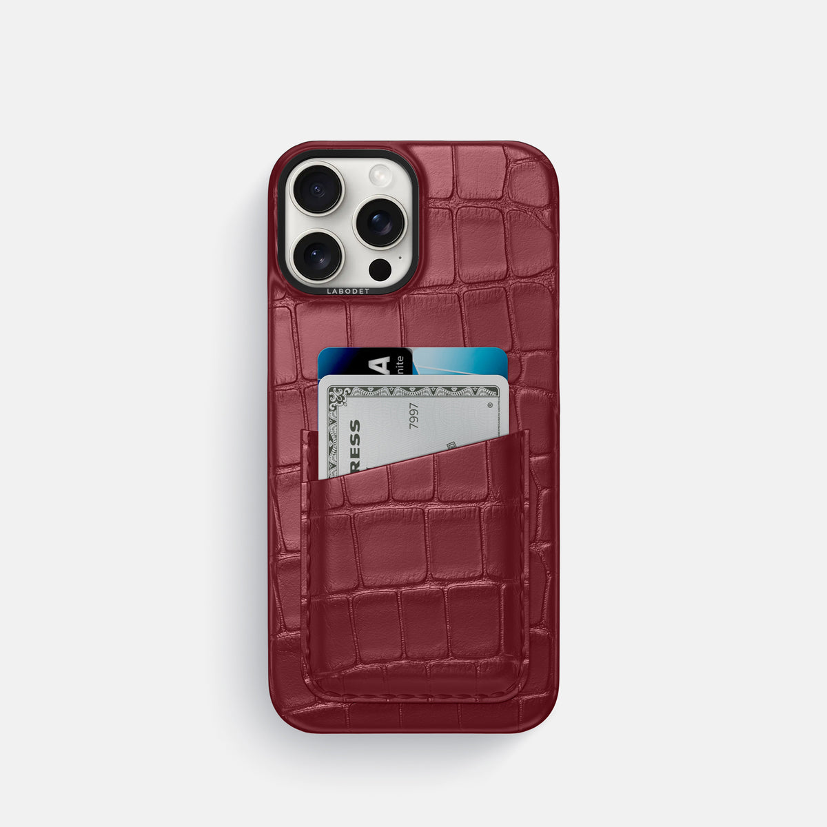 Burgundy iPhone 16 Pro Card Case Alligator with Black Metal -1 | Burgundy-Black