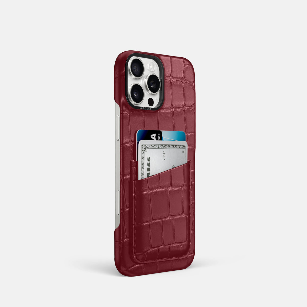 Burgundy iPhone 16 Pro Card Case Alligator with Black Metal -2 | Burgundy-Black