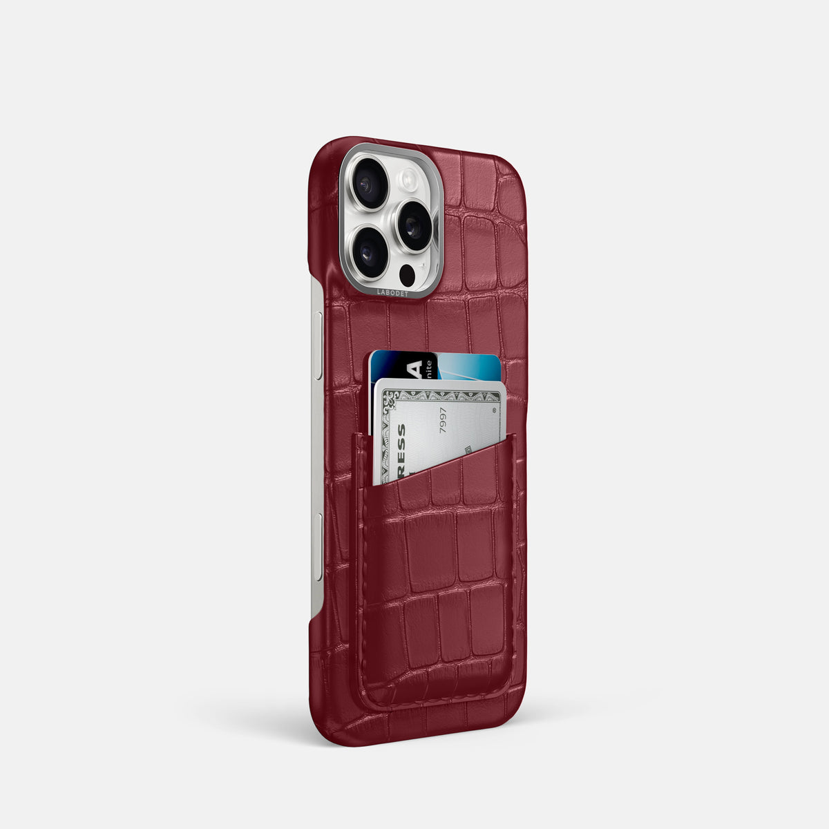 Burgundy iPhone 16 Pro Card Case Alligator with Steel Metal -2 | Burgundy-Steel