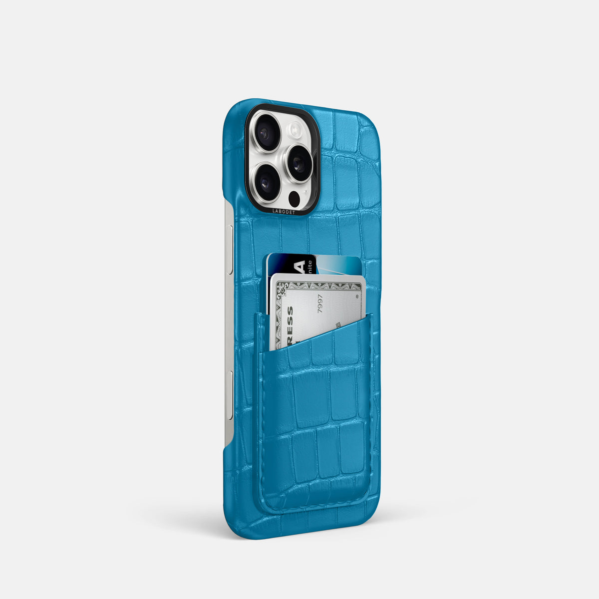 Curaçao-Blue iPhone 16 Pro Card Case Alligator with Black Metal -2 | Curaçao-Blue-Black