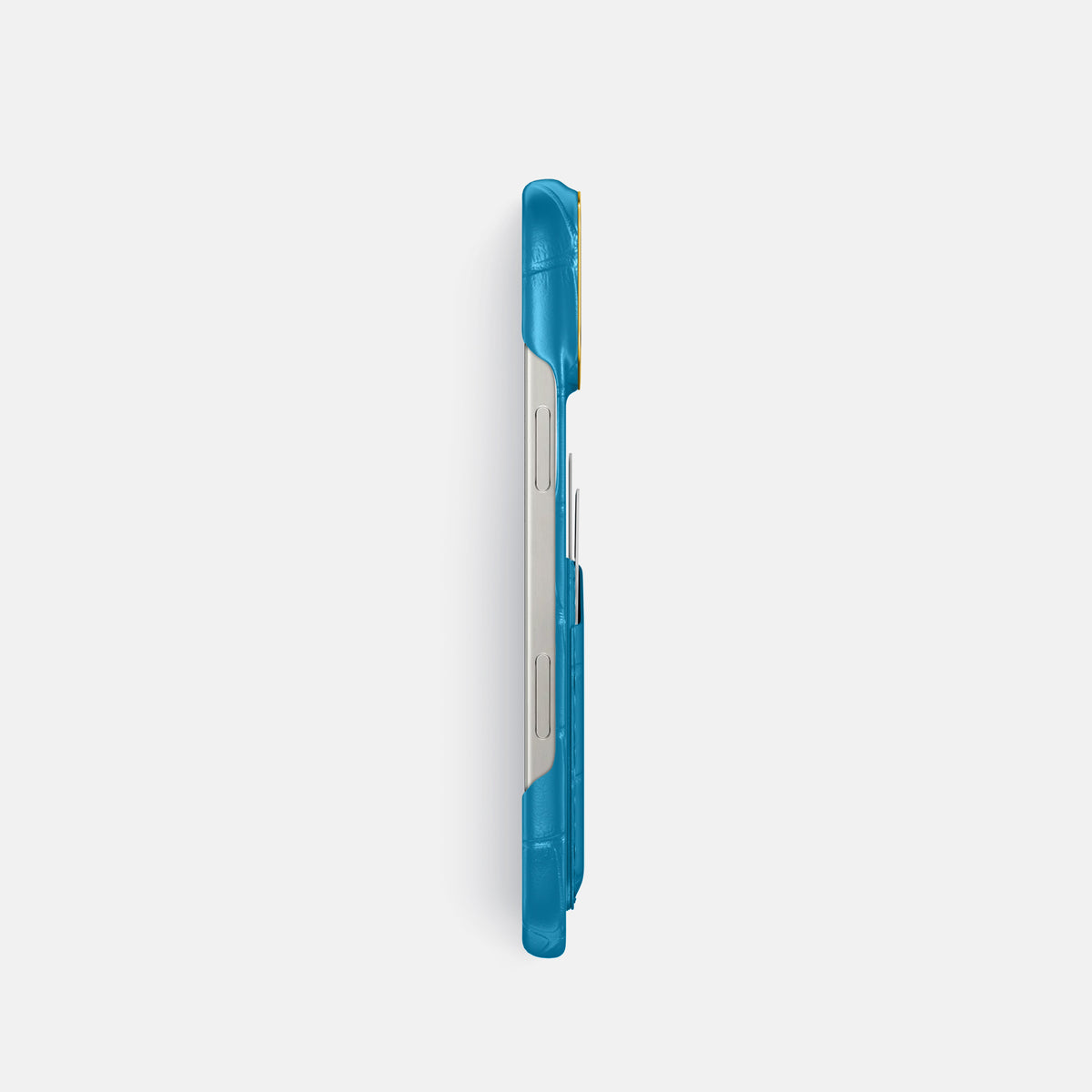 Curaçao-Blue iPhone 16 Pro Double Card In Alligator with Gold Metal -3 | Curaçao-Blue-Gold