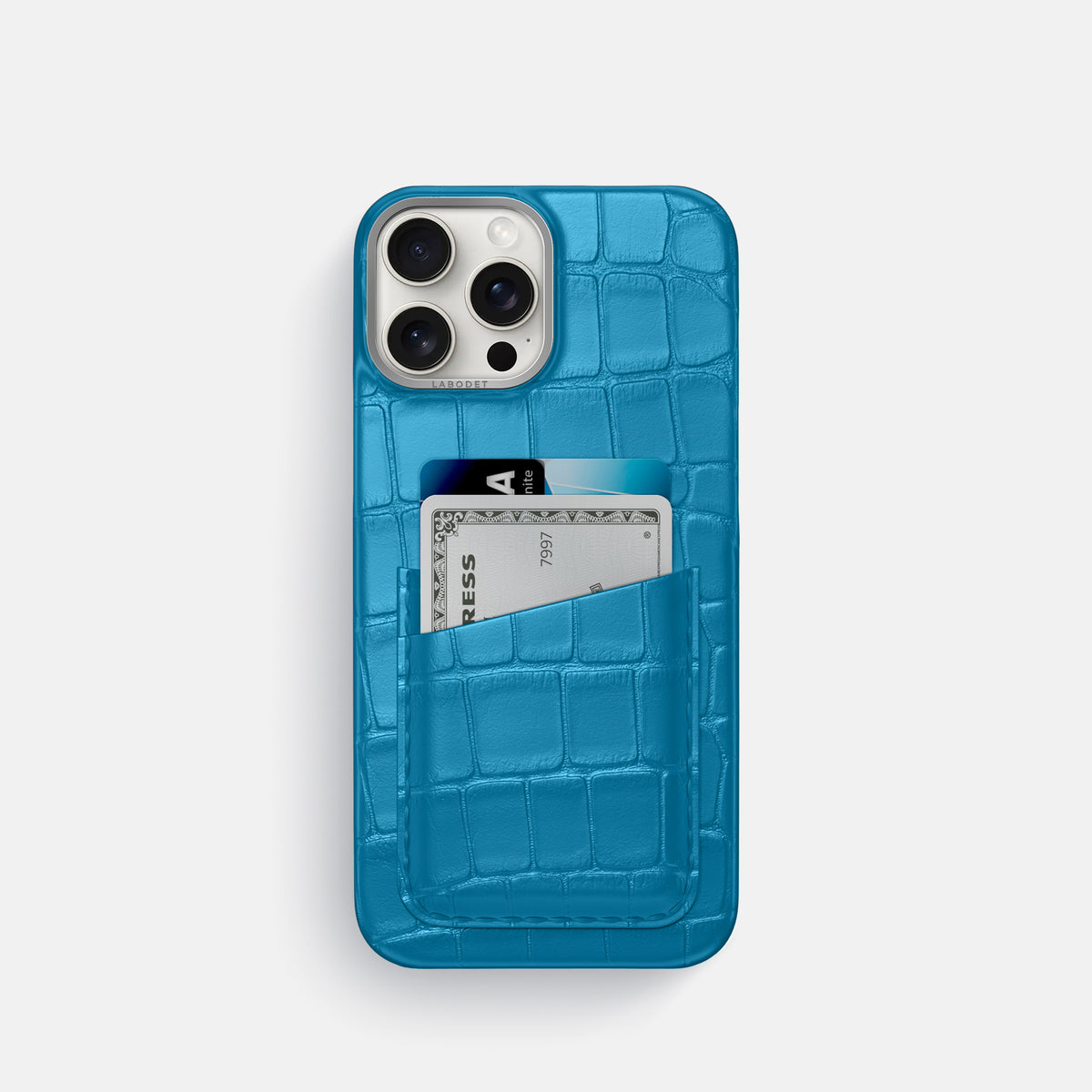 Curaçao-Blue iPhone 16 Pro Card Case Alligator with Steel Metal -1 | Curaçao-Blue-Steel