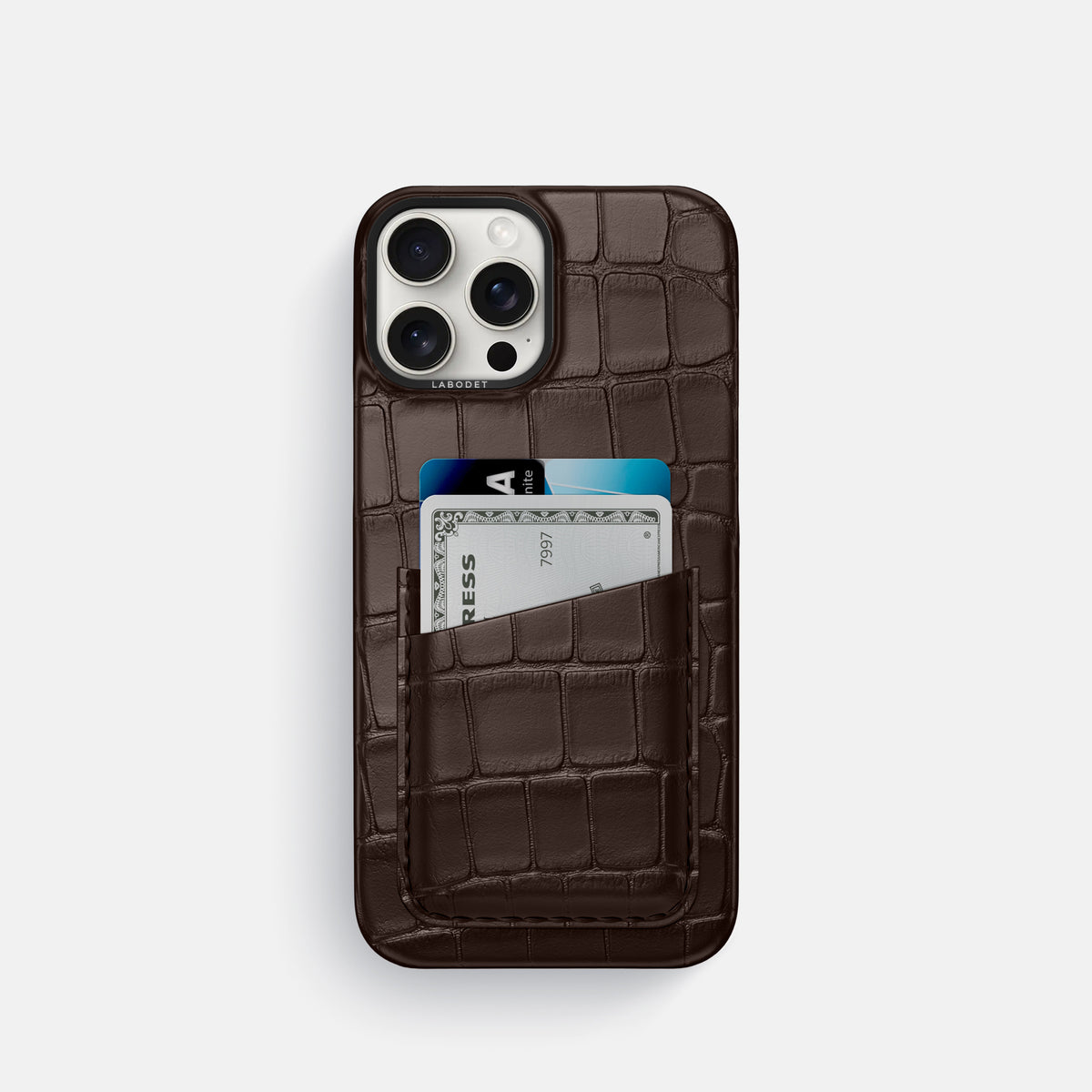 Dark-Brown iPhone 16 Pro Card Case Alligator with Black Metal -1 | Dark-Brown-Black