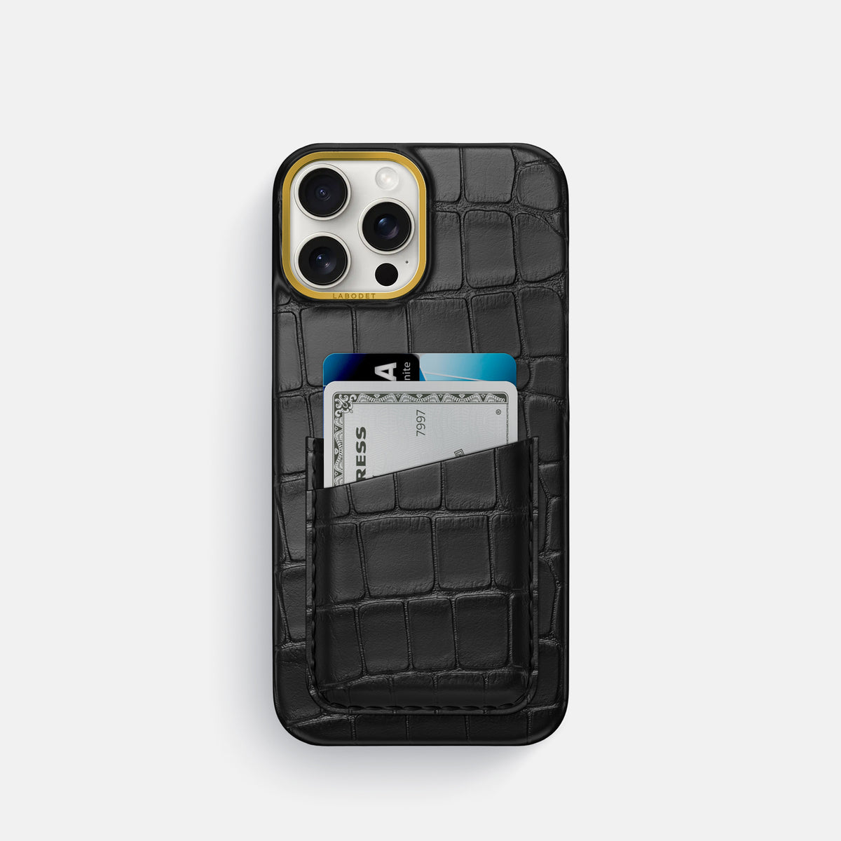 Black iPhone 16 Pro Double Card In Alligator with Gold Metal -1 | Black-Gold