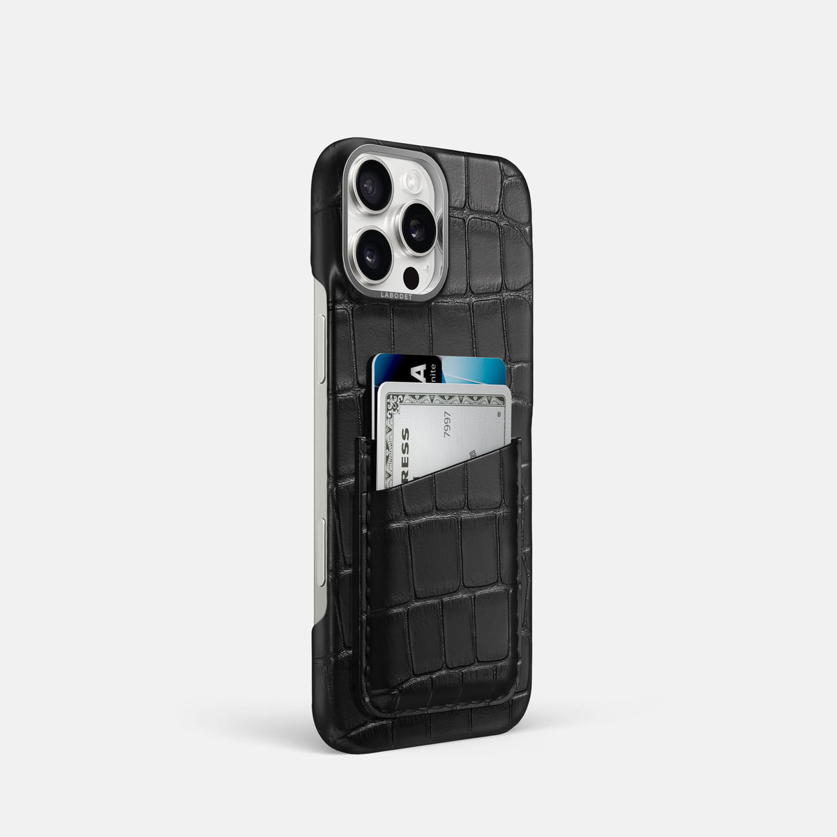 Black iPhone 16 Pro Card Case Alligator with Steel Metal -2 | Black-Steel