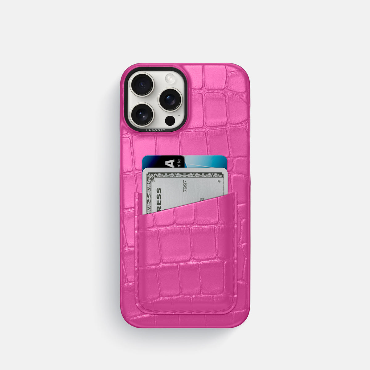 Fuchsia iPhone 16 Pro Card Case Alligator with Black Metal -1 | Fuchsia-Black