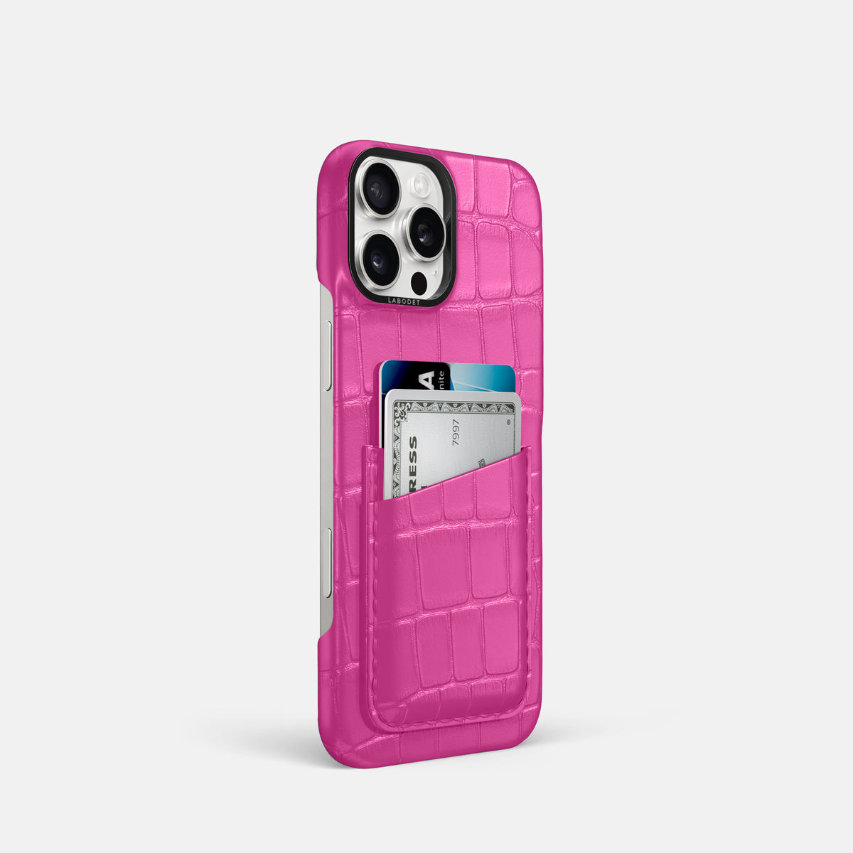Fuchsia iPhone 16 Pro Card Case Alligator with Black Metal -2 | Fuchsia-Black