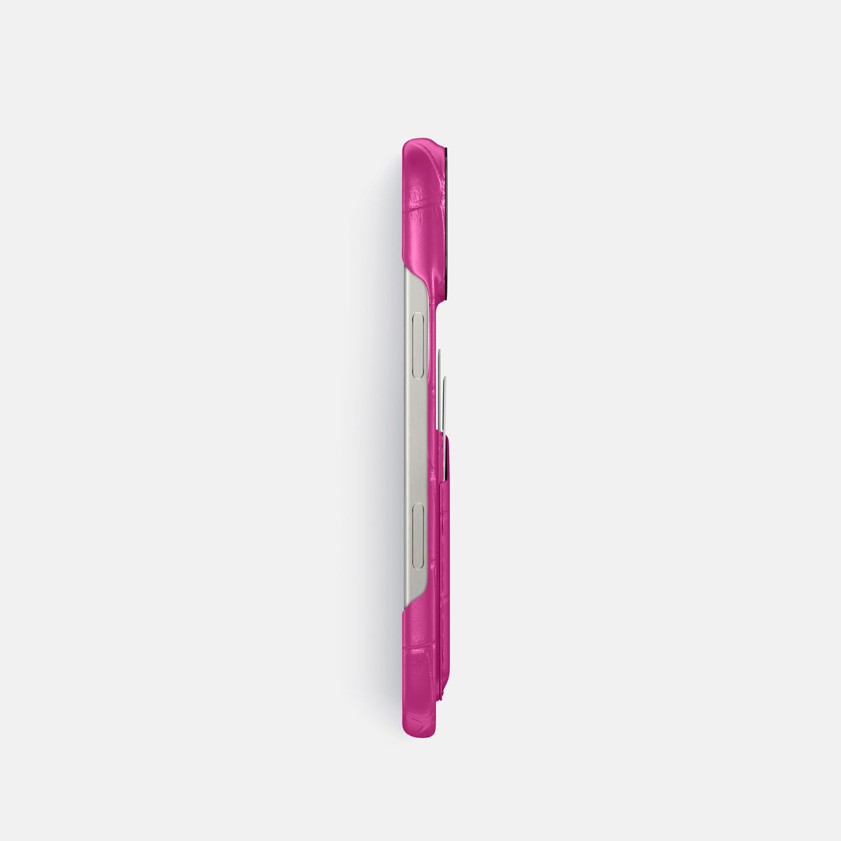 Fuchsia iPhone 16 Pro Card Case Alligator with Black Metal -3 | Fuchsia-Black